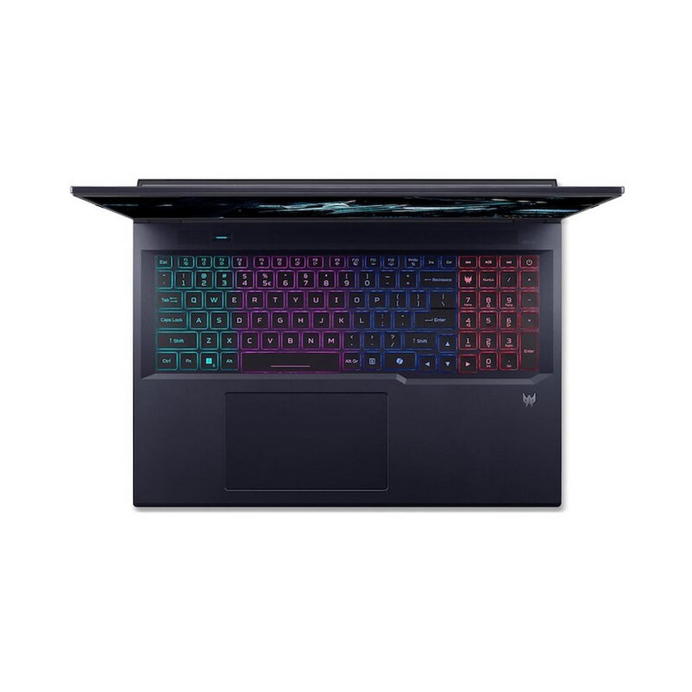 Un laptop scuro con tastiera colorata, aperto. I tasti sono illuminati con vari colori. Anche la parte superiore del laptop è aperta.