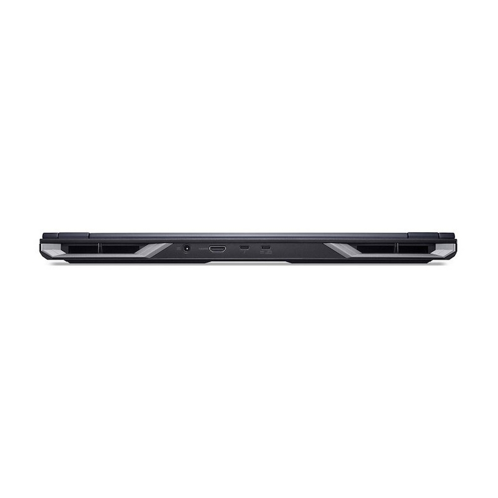 Primo piano della base di un laptop nero, con porte e prese d'aria. Lo sfondo è bianco, il laptop è centrato.