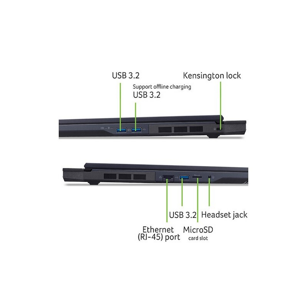 L'immagine mostra il lato di un laptop. Sono indicate porte USB, un lucchetto Kensington, una porta Ethernet e uno slot per schede microSD.