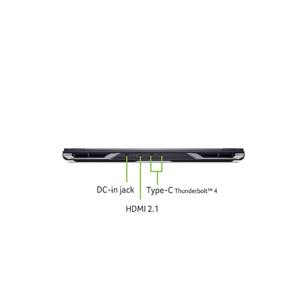 Vista laterale del laptop, con presa DC-in, HDMI 2.1 e porte Type-C Thunderbolt 4. Etichette di testo identificano ogni porta.