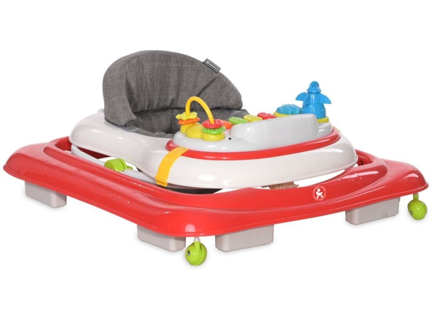 Ein roter, weißer und grauer Baby-Walker mit Spielzeug vorne und grünen Rädern. Er hat einen grauen Sitz und steht auf weißem Grund.