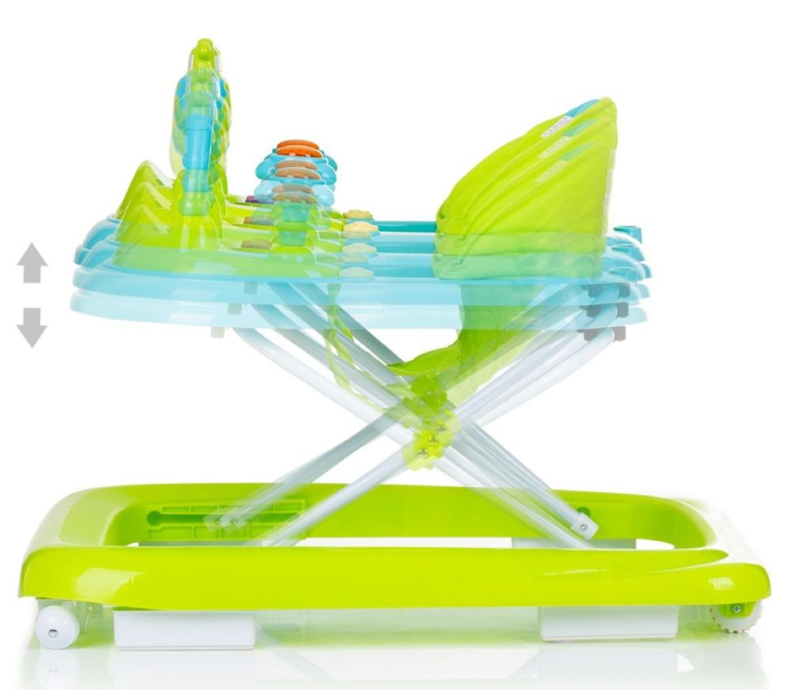 Ein Baby-Lauflernwagen in Grün und Blau. Er hat einen Sitz, einen Spielbereich und eine höhenverstellbare Funktion. Räder sind an der Basis.