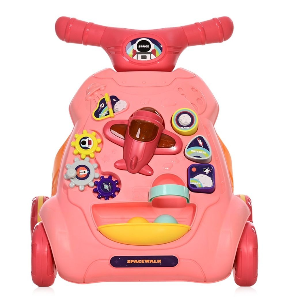Ein rosa-roter Weltraum-Baby-Walker mit Griff, Spielzeugflugzeug, Zahnrädern und Lernknöpfen.