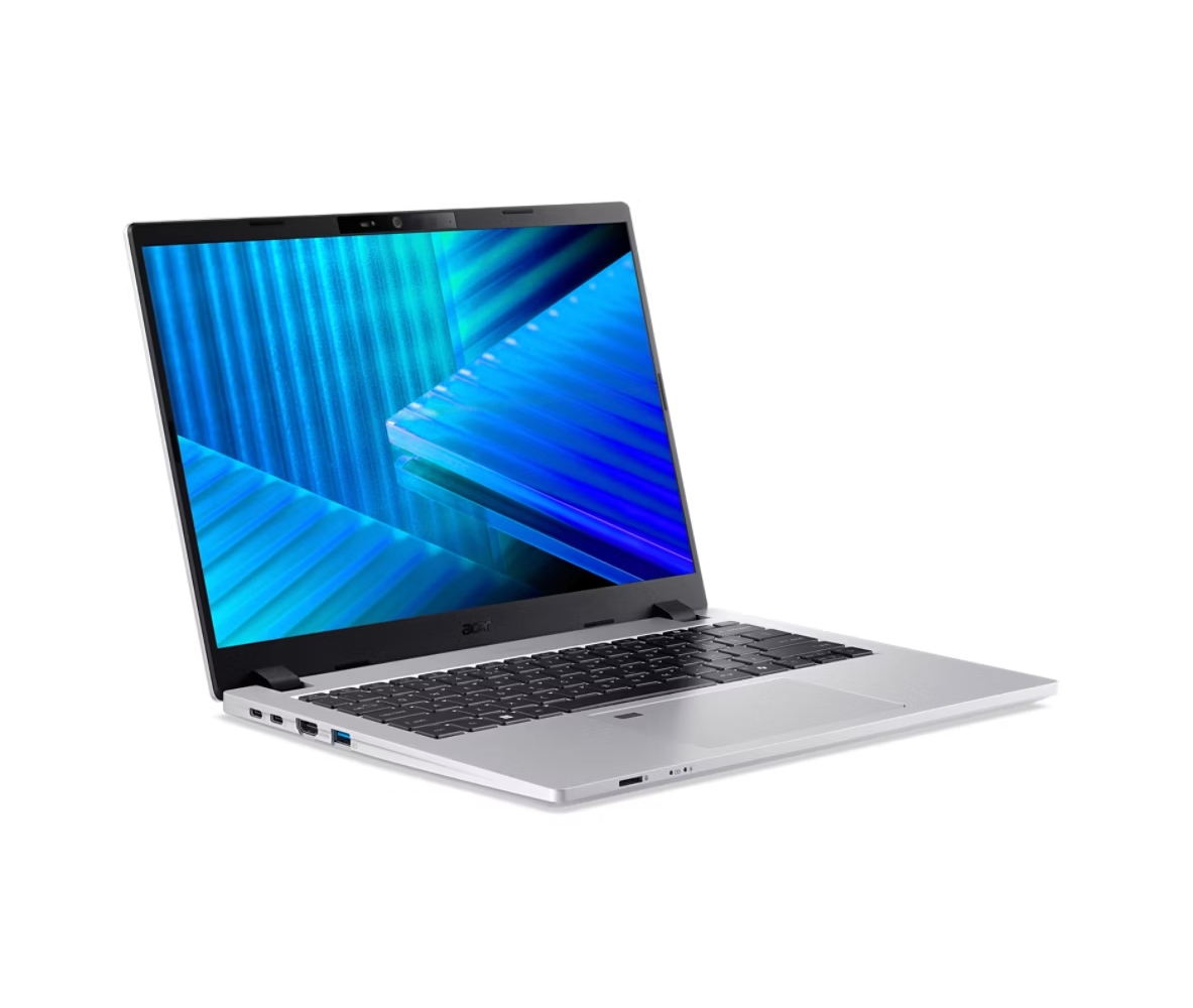 Un laptop Acer argentato con tastiera nera e schermo blu brillante, aperto su sfondo bianco. Lo schermo mostra un motivo blu.