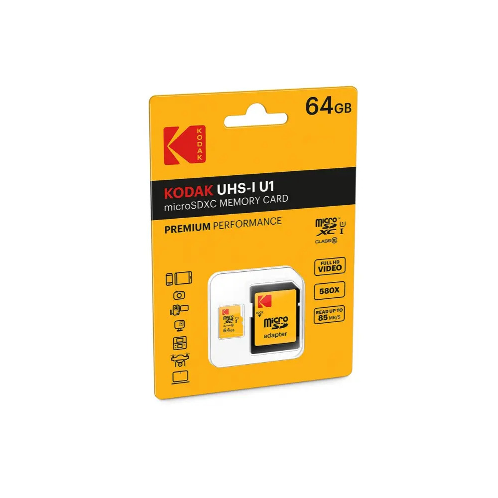 Eine Kodak 64GB microSDXC-Speicherkartenverpackung. Sie ist gelb und schwarz mit Text. Es enthält eine Speicherkarte und einen Adapter.