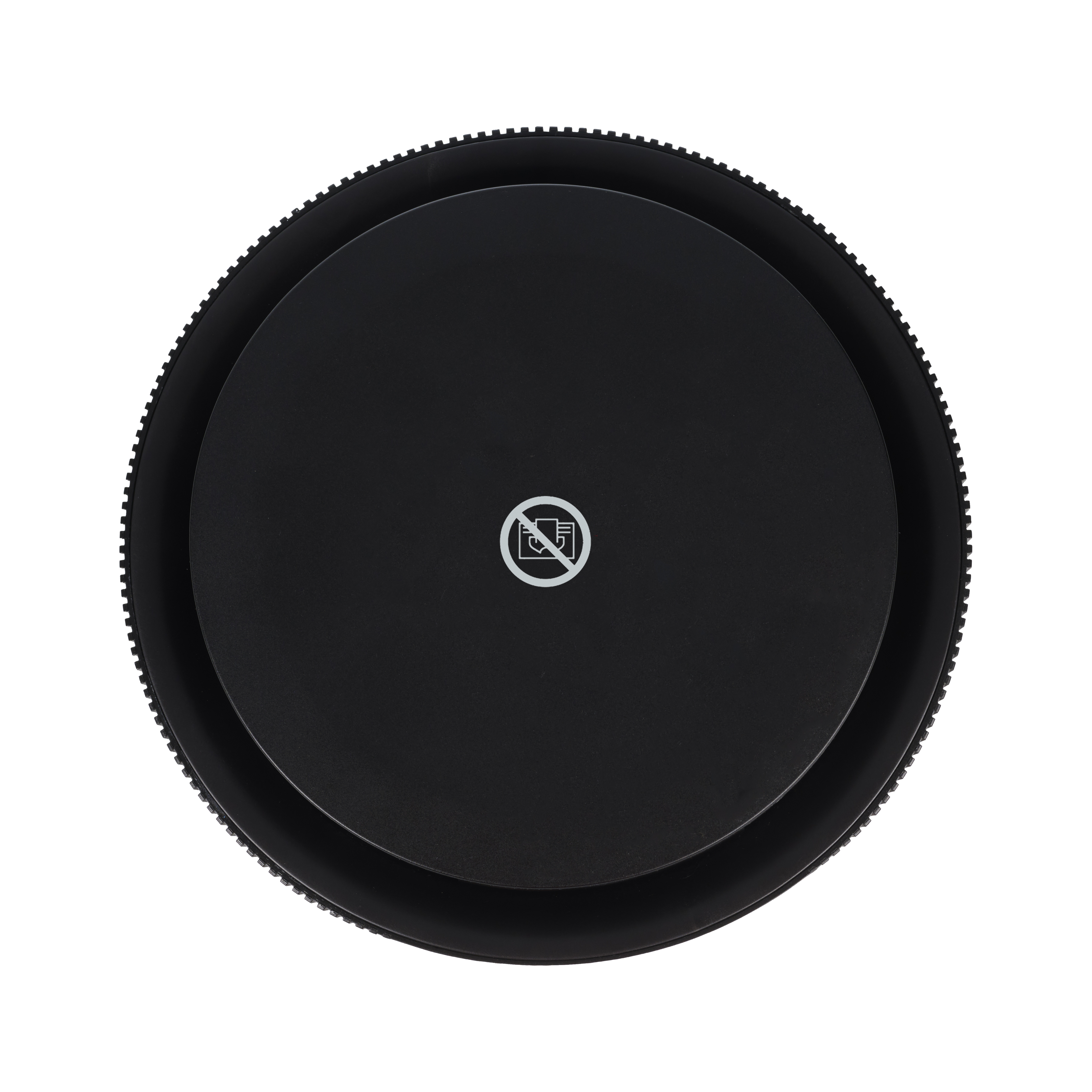 Een zwart, rond object met een wit symbool. Het object staat op een witte achtergrond. Het symbool is een cirkel met een schuine streep.
