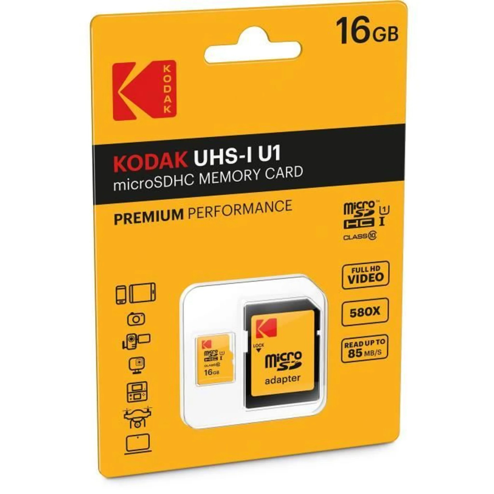 Eine Kodak microSDHC-Speicherkartenverpackung. Sie ist gelb und schwarz mit rotem Kodak-Logo. Eine Karte ist enthalten.