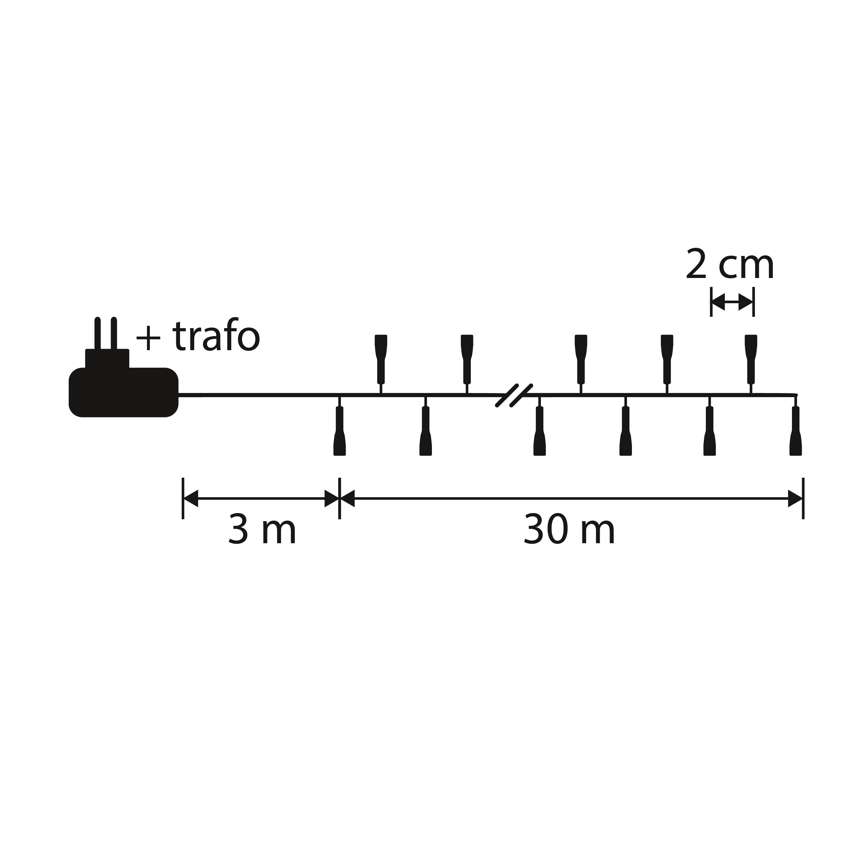 Diagram of a light string with measurements. Includes a plug, 10 lights, and measurements of 3m, 30m, and 2cm.