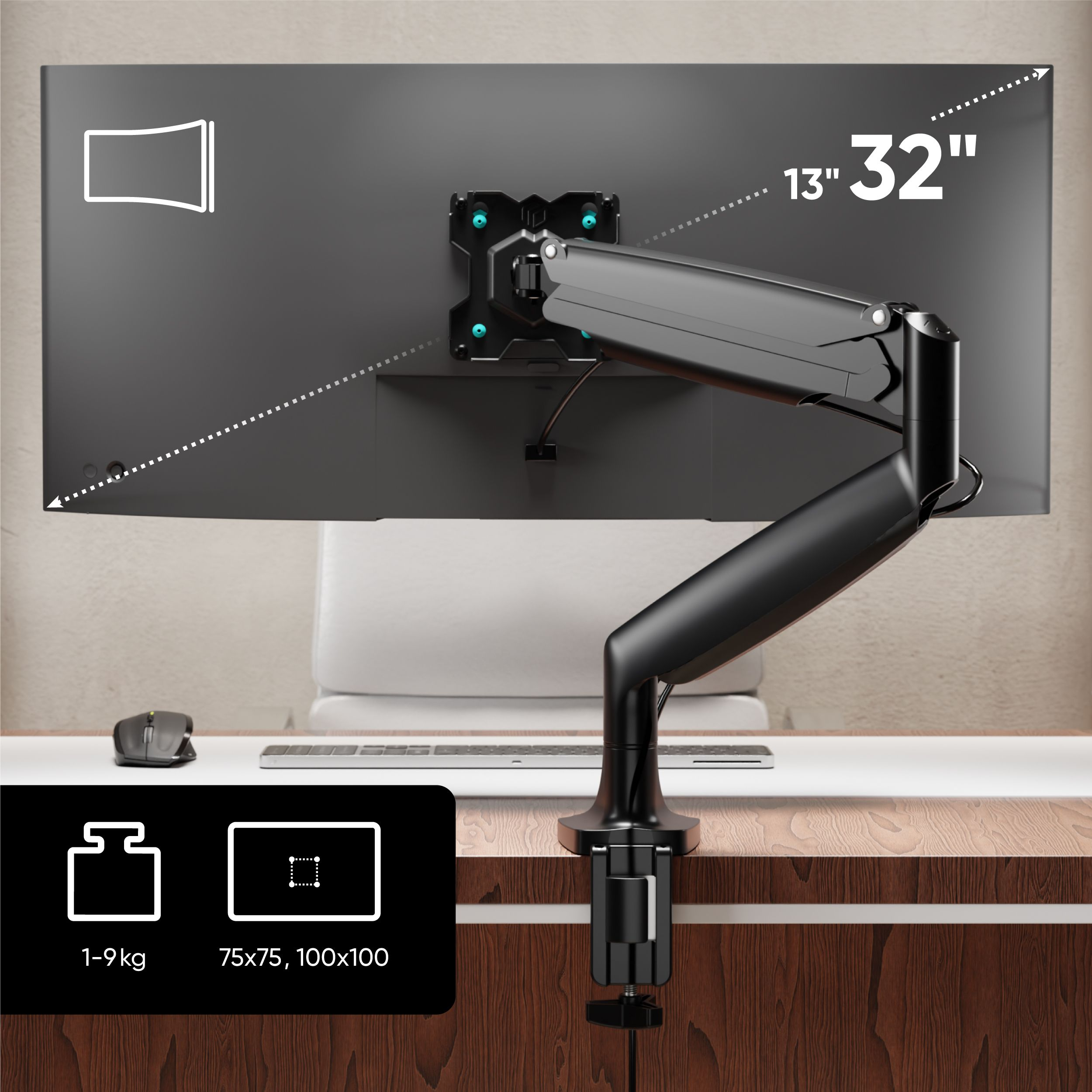 Monitor zamontowany na czarnym ramieniu. Szczegóły obejmują specyfikacje rozmiaru, mysz i zacisk biurkowy.