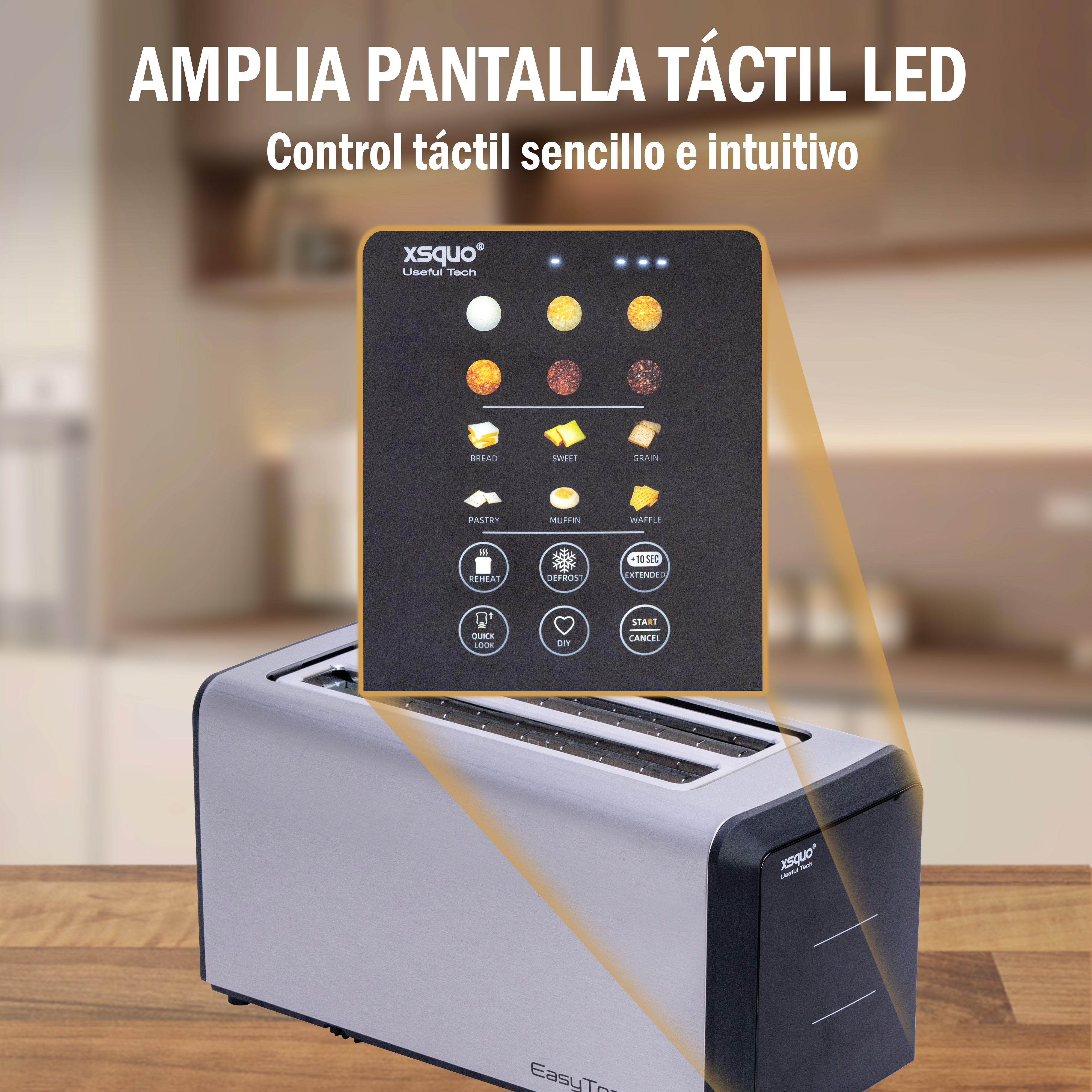 Una tostadora plateada con pantalla táctil negra que muestra opciones de pan y botones, sobre una superficie de madera.