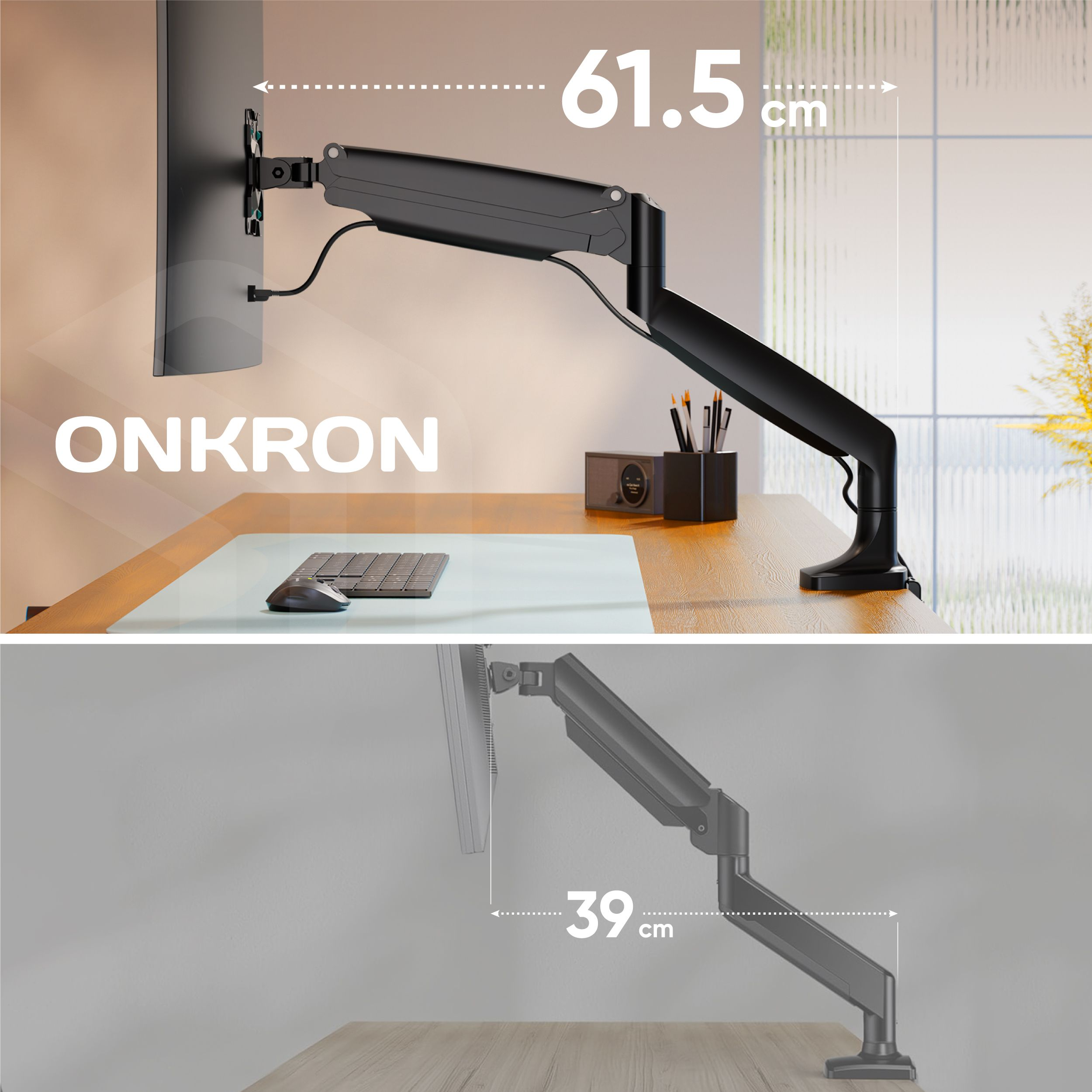 Czarny uchwyt do monitora z monitorem. Biurko z klawiaturą, myszą i artykułami biurowymi. Ramię rozciąga się na 61,5 cm.