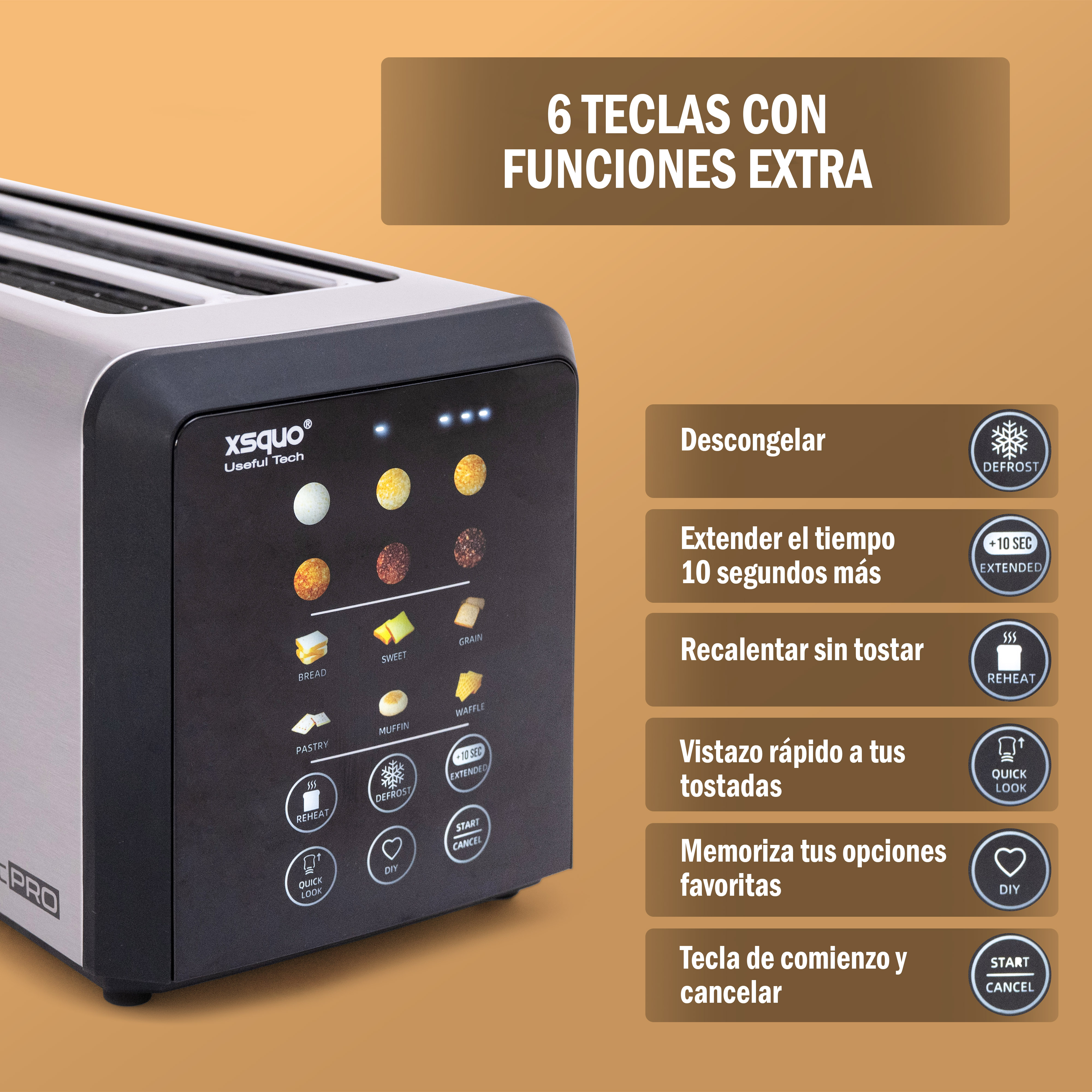 Una tostadora plateada y negra con botones para diferentes tipos de pan y funciones.