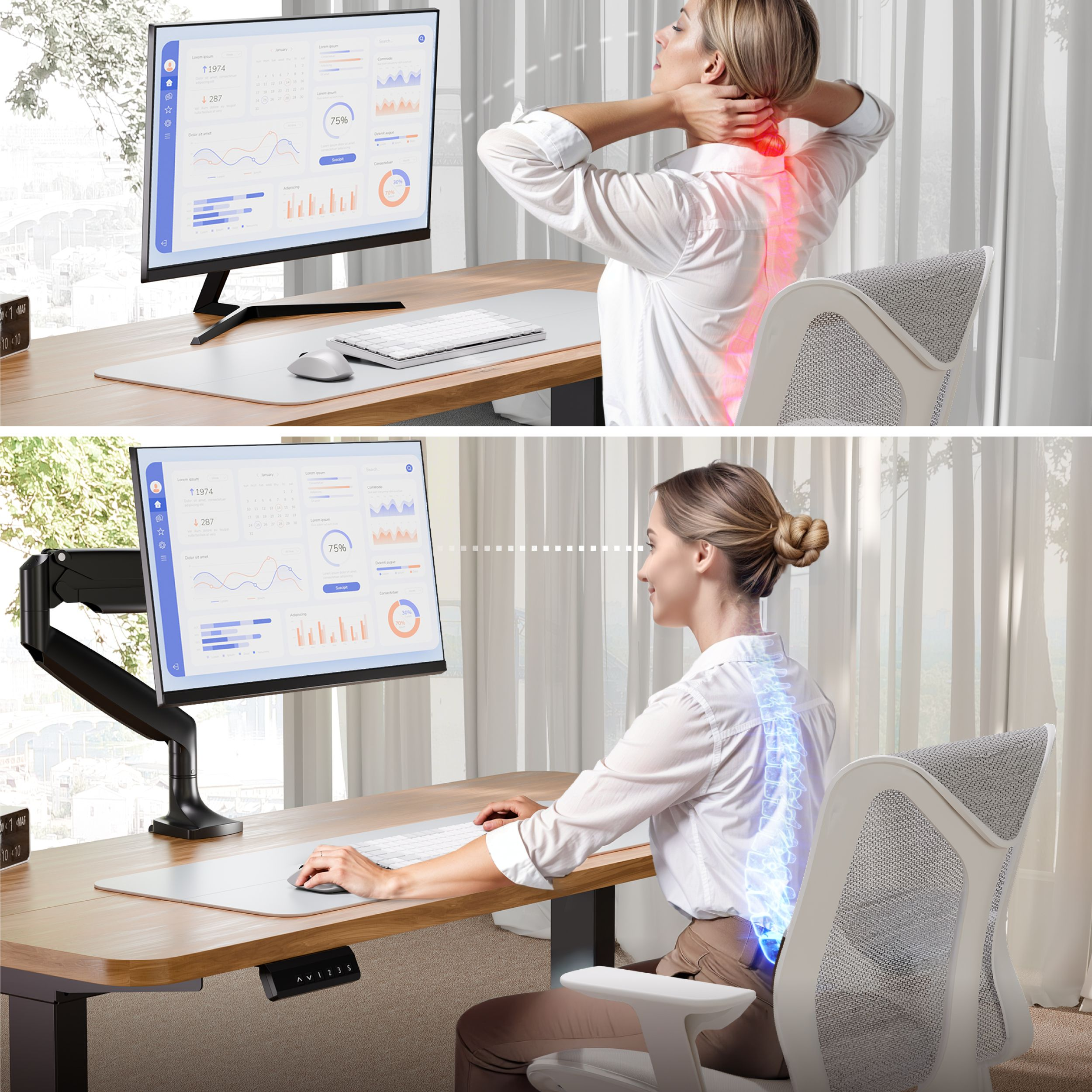 Kobieta przy biurku z monitorem, pokazująca ból pleców. Inny obraz pokazuje ją z dobrą postawą przy biurku.
