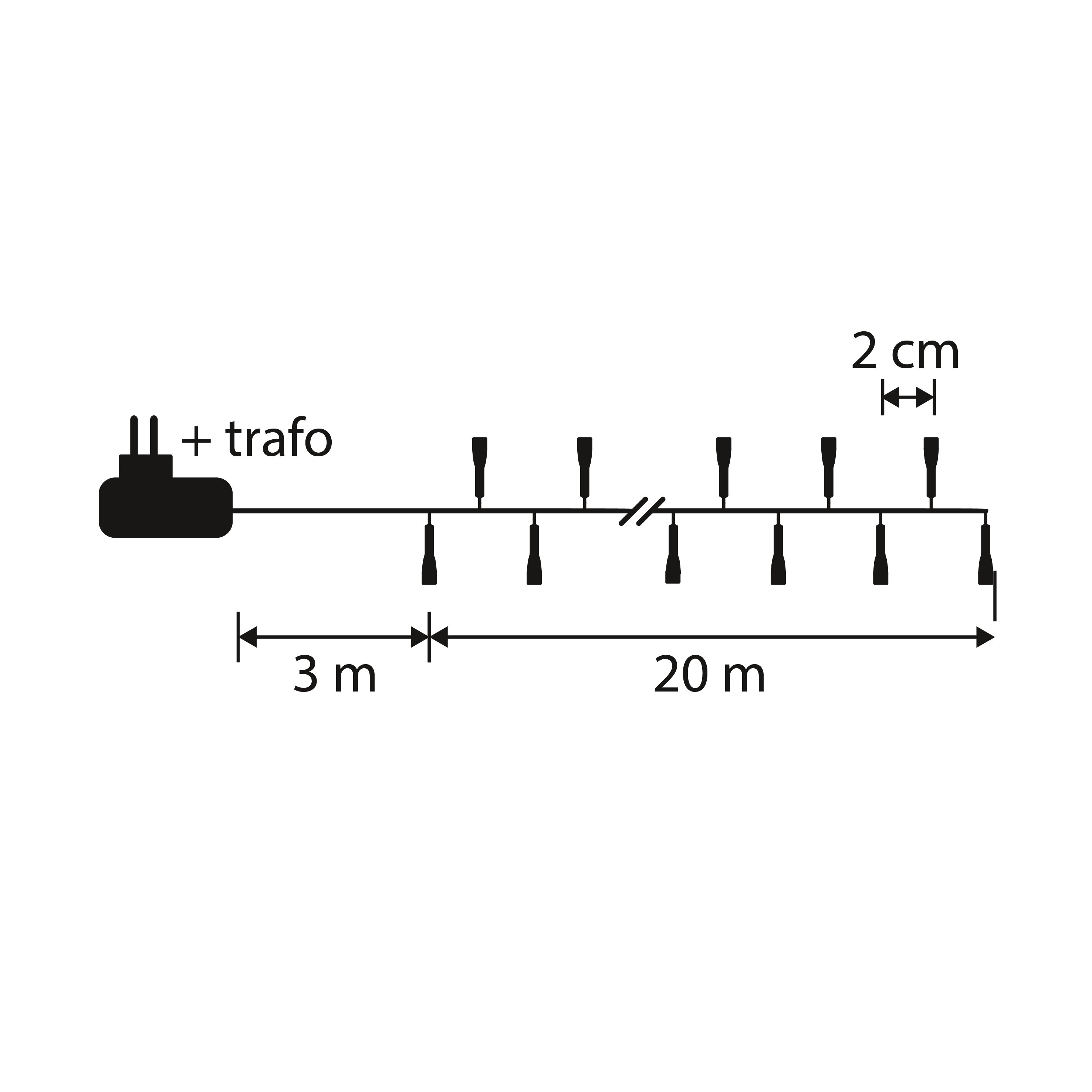 Diagramme d'une guirlande lumineuse noire avec prise et transformateur. Dimensions : 3m, 20m et 2cm.