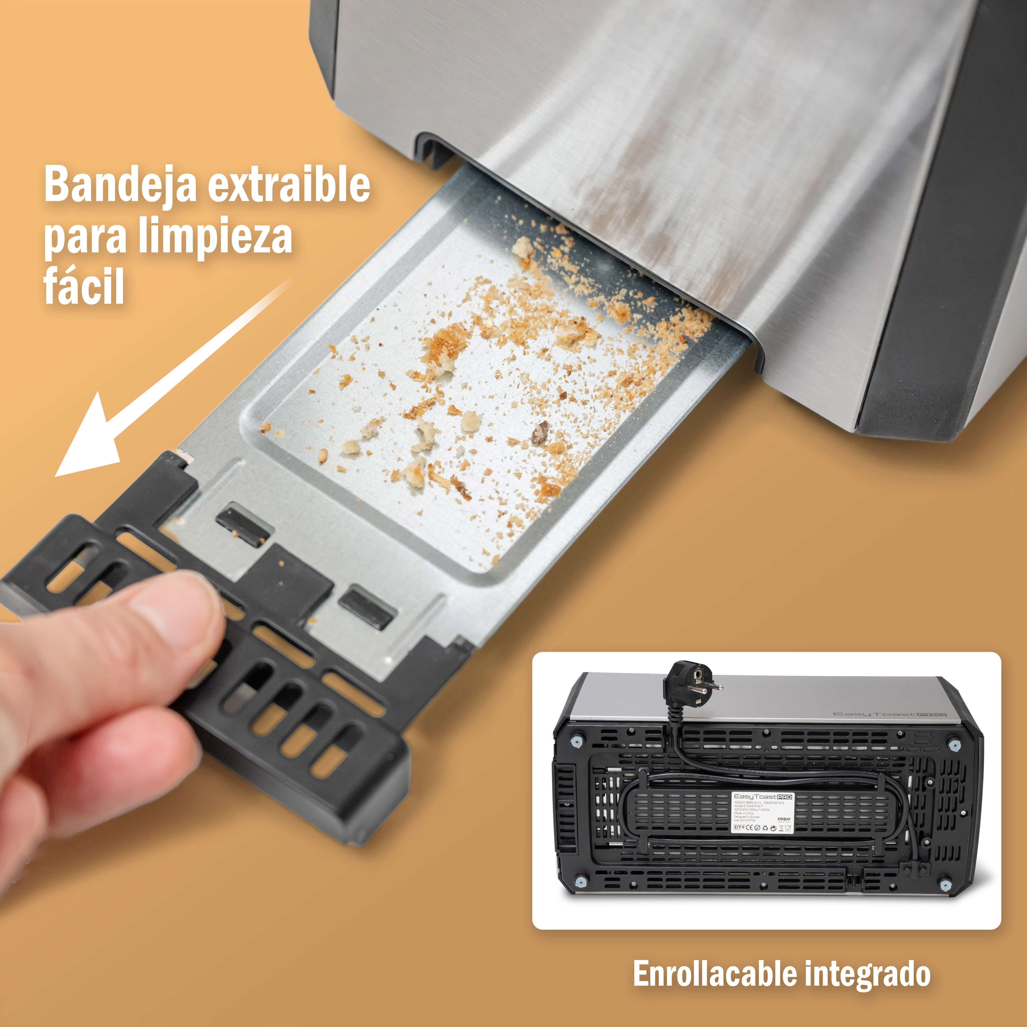 Una tostadora con bandeja extraíble para migas que se saca. La parte inferior tiene un cable enrollable.