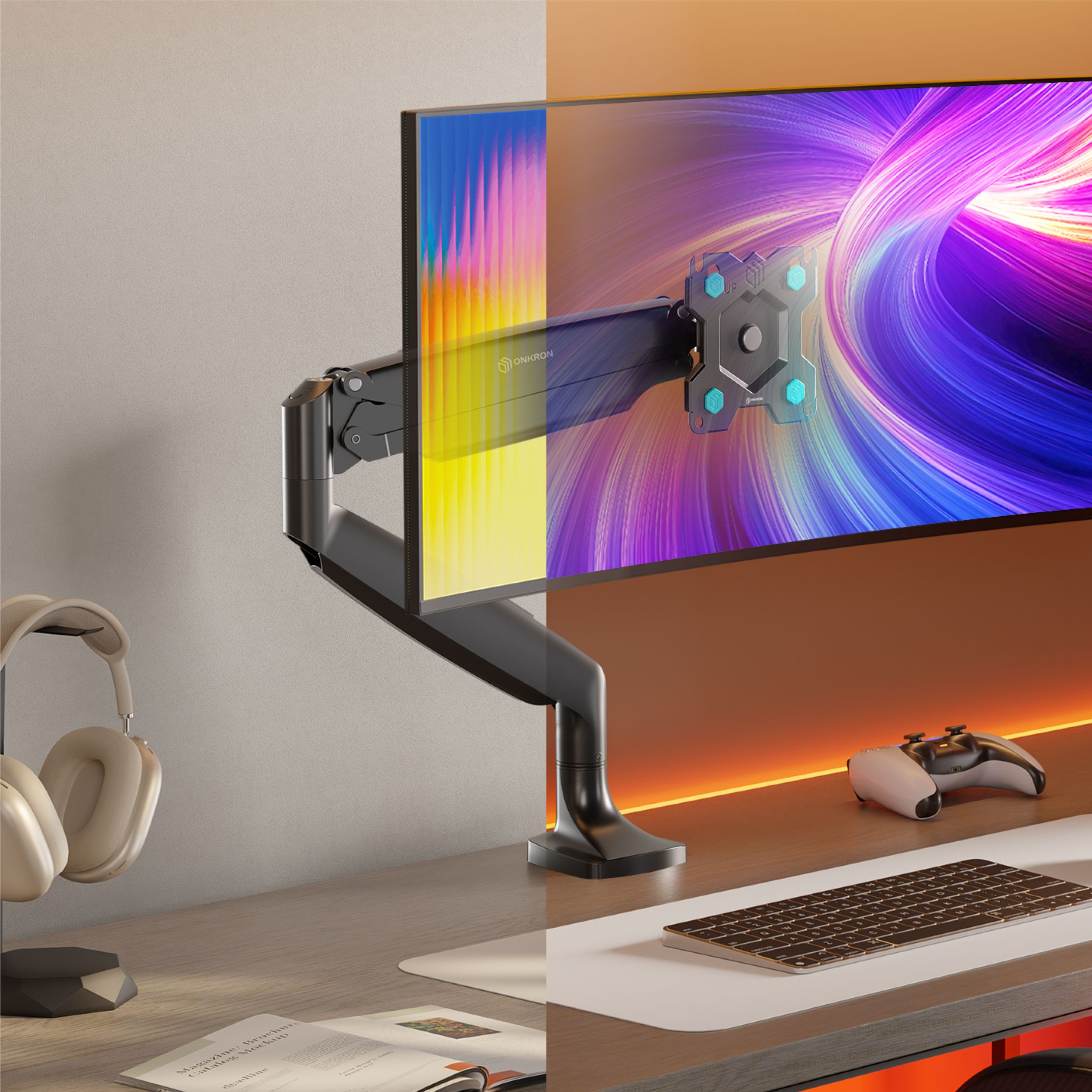 Monitor na statywie, klawiatura, kontroler gier, słuchawki i magazyn na biurku.