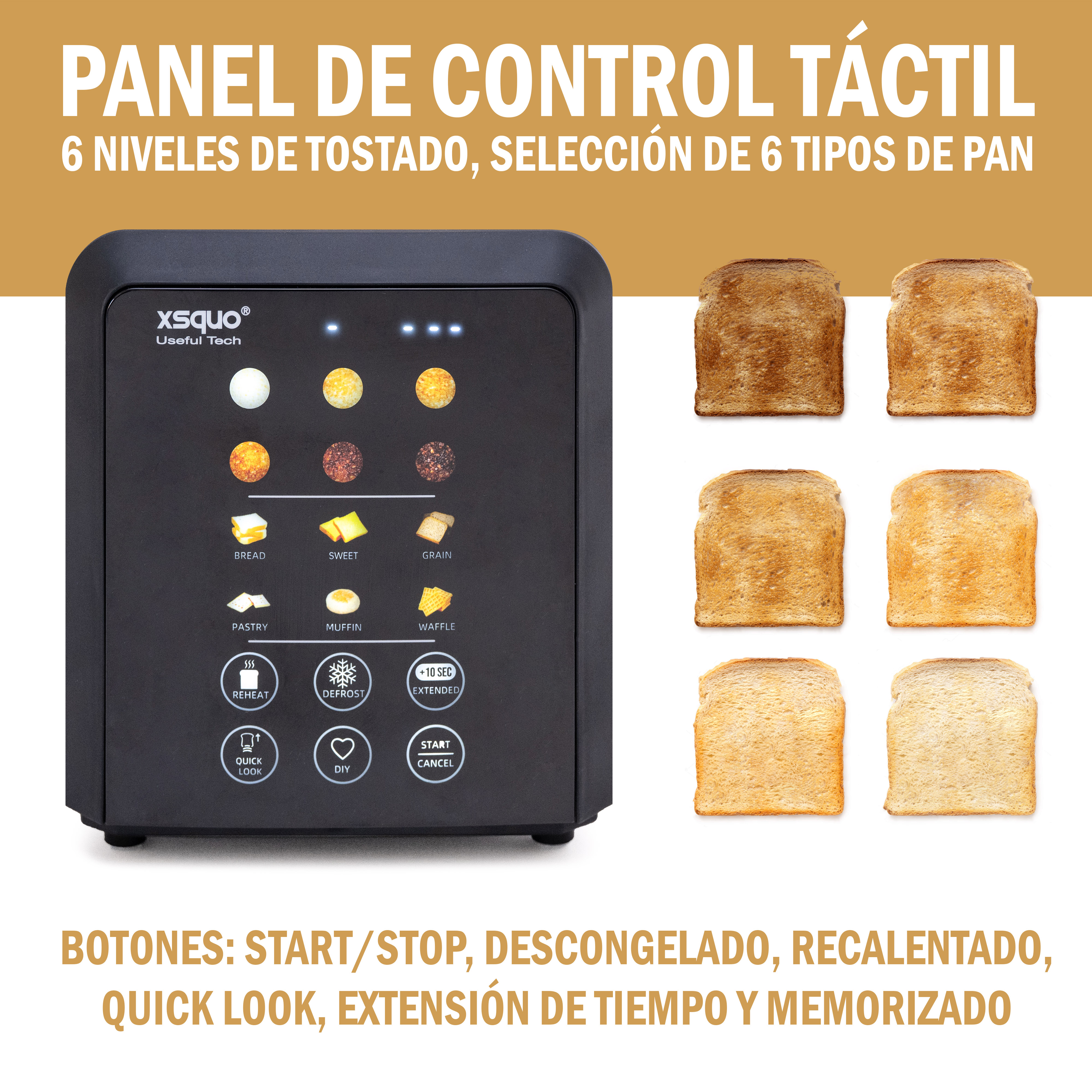 Una tostadora negra con controles táctiles. Muestra seis tipos de pan y seis niveles de tostado. Texto en español.