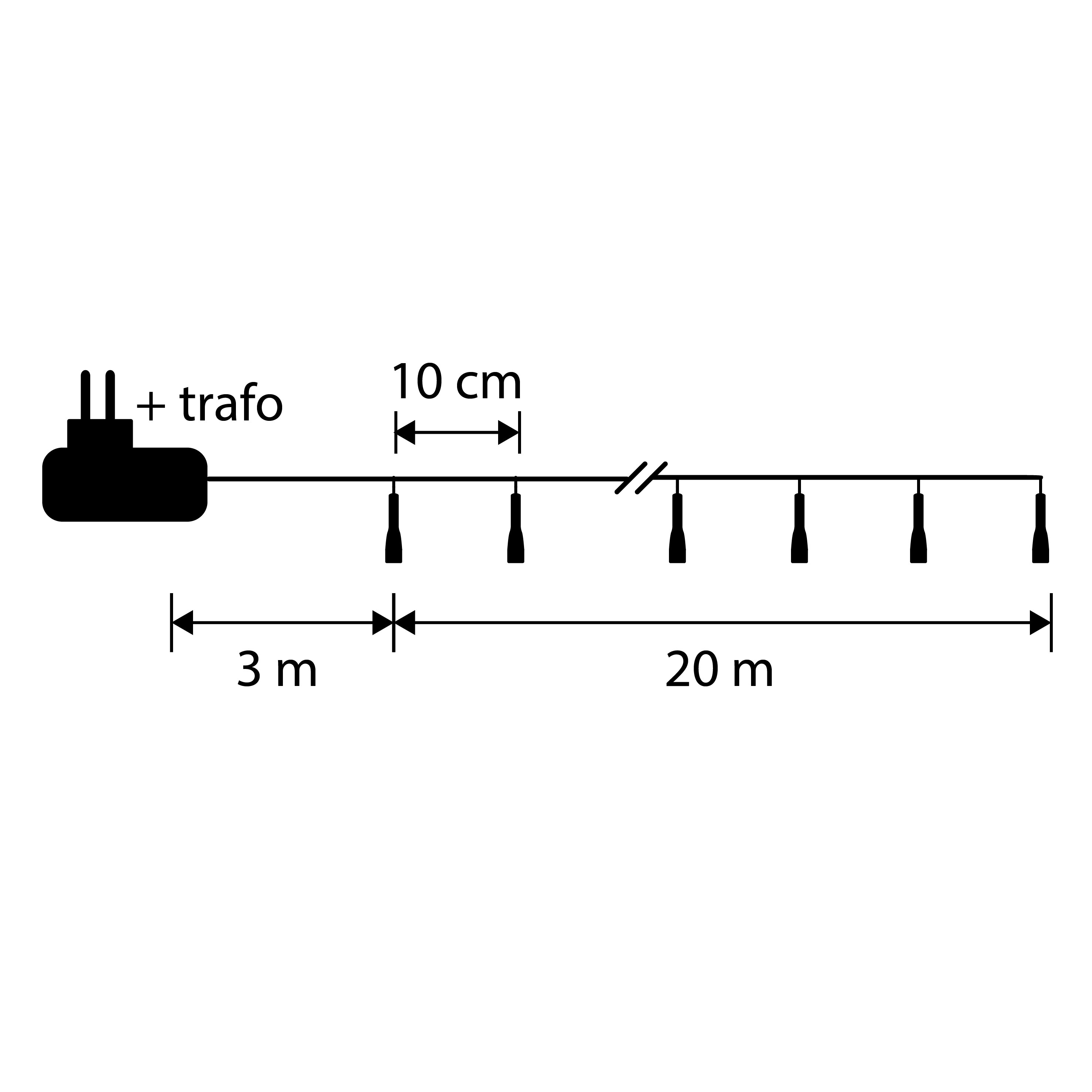 Schéma d'une guirlande lumineuse. Il montre une prise, un transformateur et des lumières espacées sur 23 mètres.