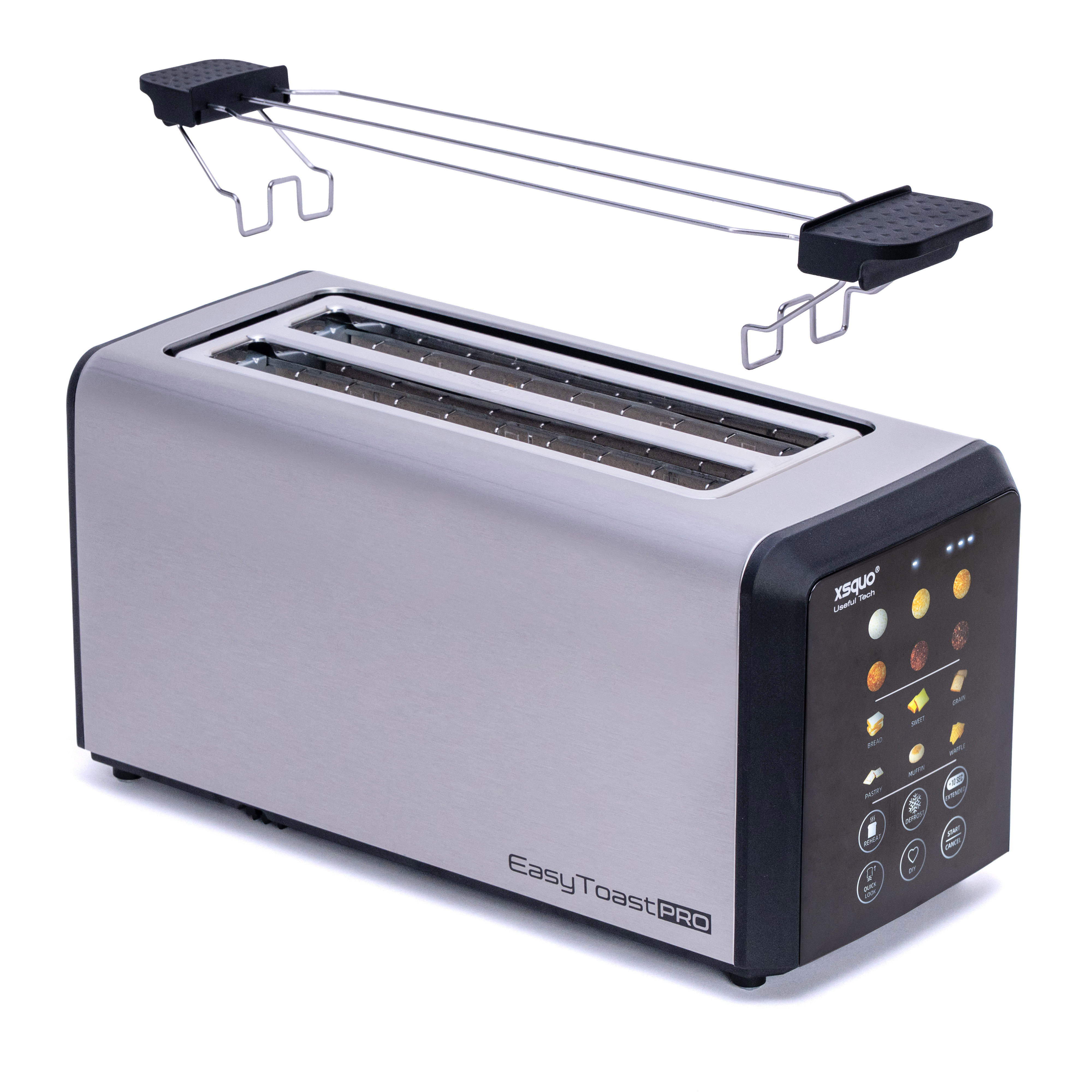Una tostadora plateada con un panel de control negro y una rejilla encima. Se ven las palabras Easy Toast PRO.