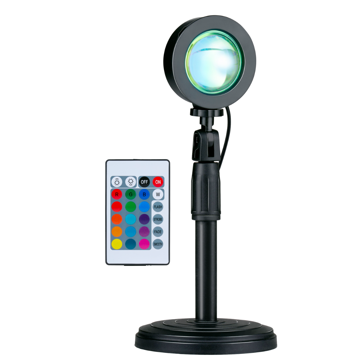 Een zwarte zonsonderganglamp met afstandsbediening. De lamp heeft een rond licht en een standaard. De afstandsbediening heeft kleuropties.
