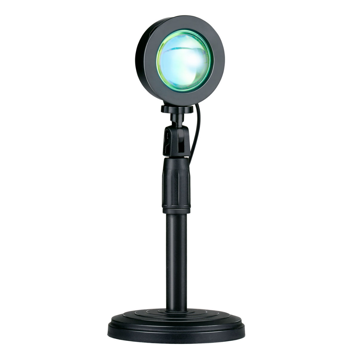 Een zwarte zonsonderganglamp op een witte achtergrond. Het heeft een ronde kop, een verstelbare standaard en een cirkelvormige basis.