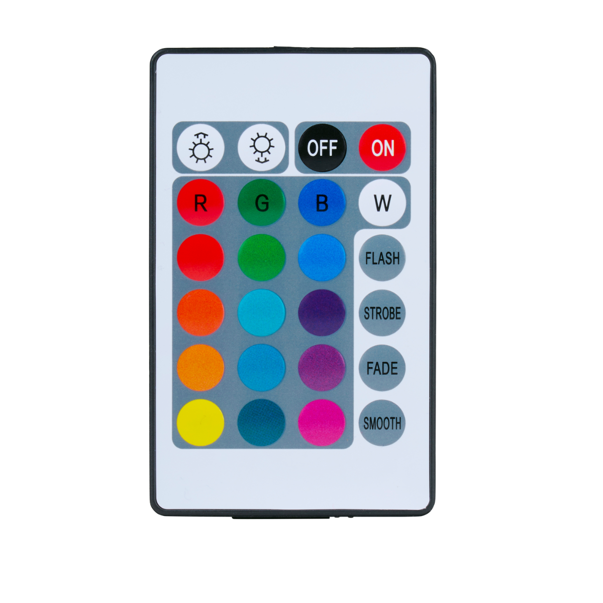 Een witte afstandsbediening met knoppen voor kleur- en lichtfuncties. Bevat knoppen met de labels R, G, B, W en diverse modi.