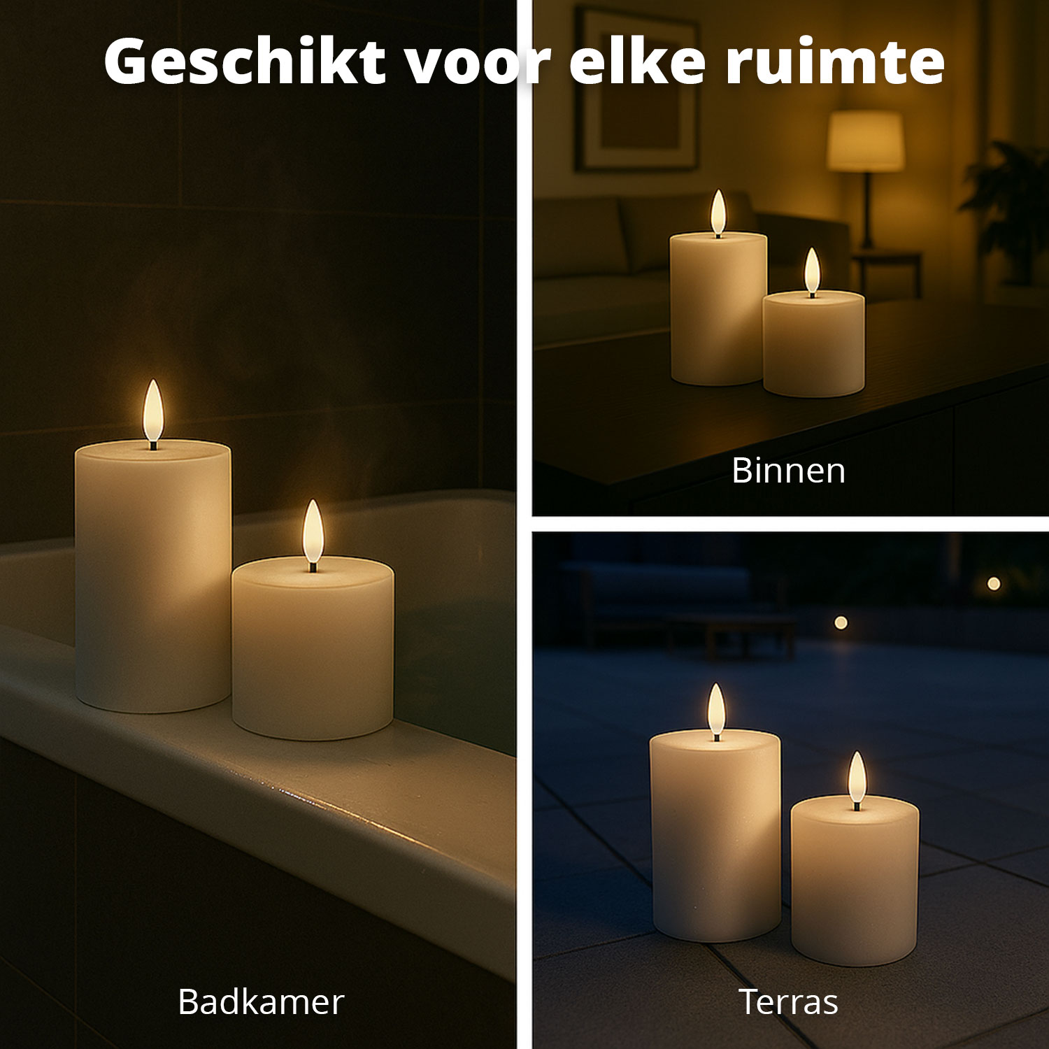 De afbeelding toont kaarsen in verschillende omgevingen: badkamer, binnen en terras. Elke omgeving heeft twee brandende kaarsen.