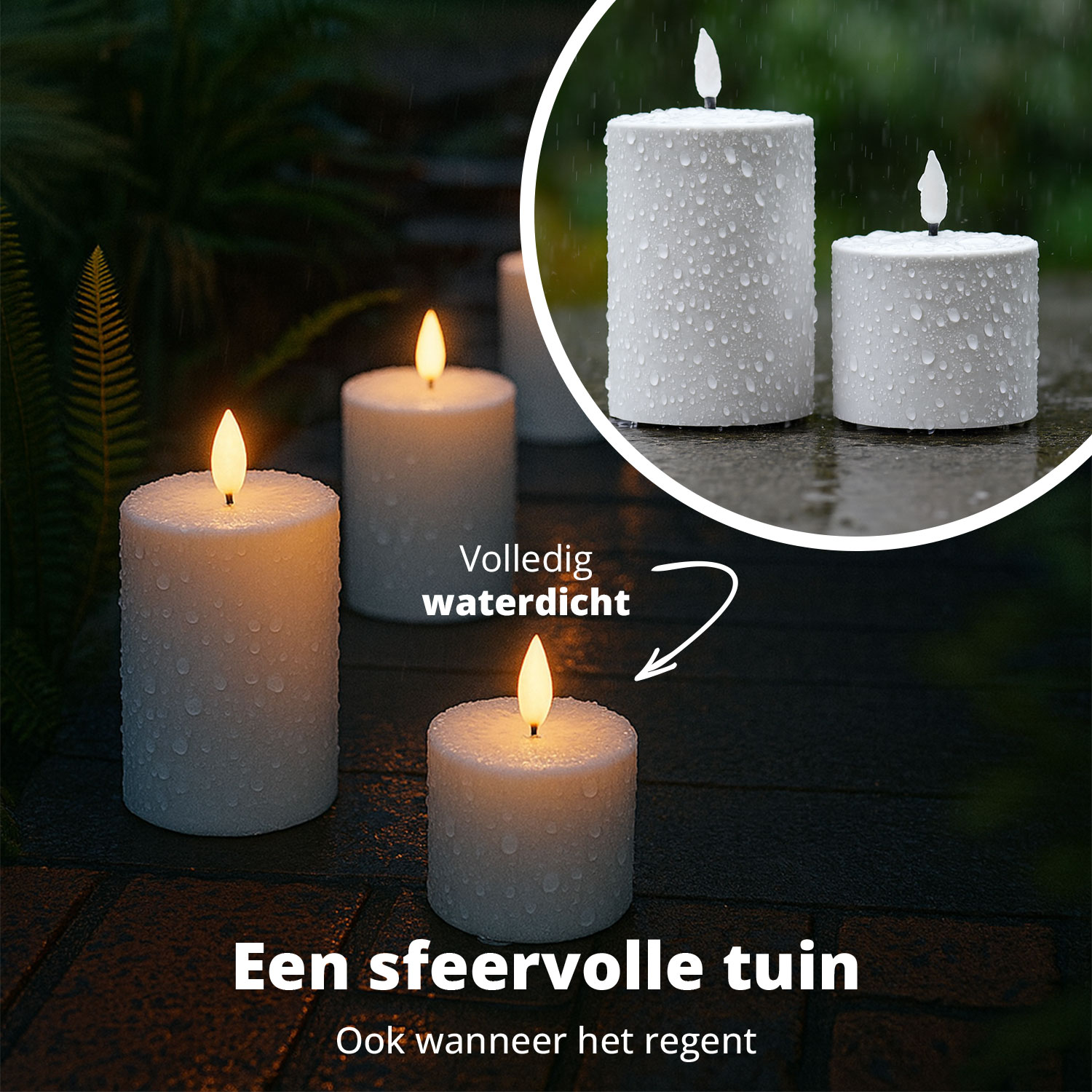 Witte waterdichte kaarsen met flikkerende vlammen in een tuin, sommige onder de regen. De tekst zegt: 'Een gezellige tuin, zelfs als het regent'.