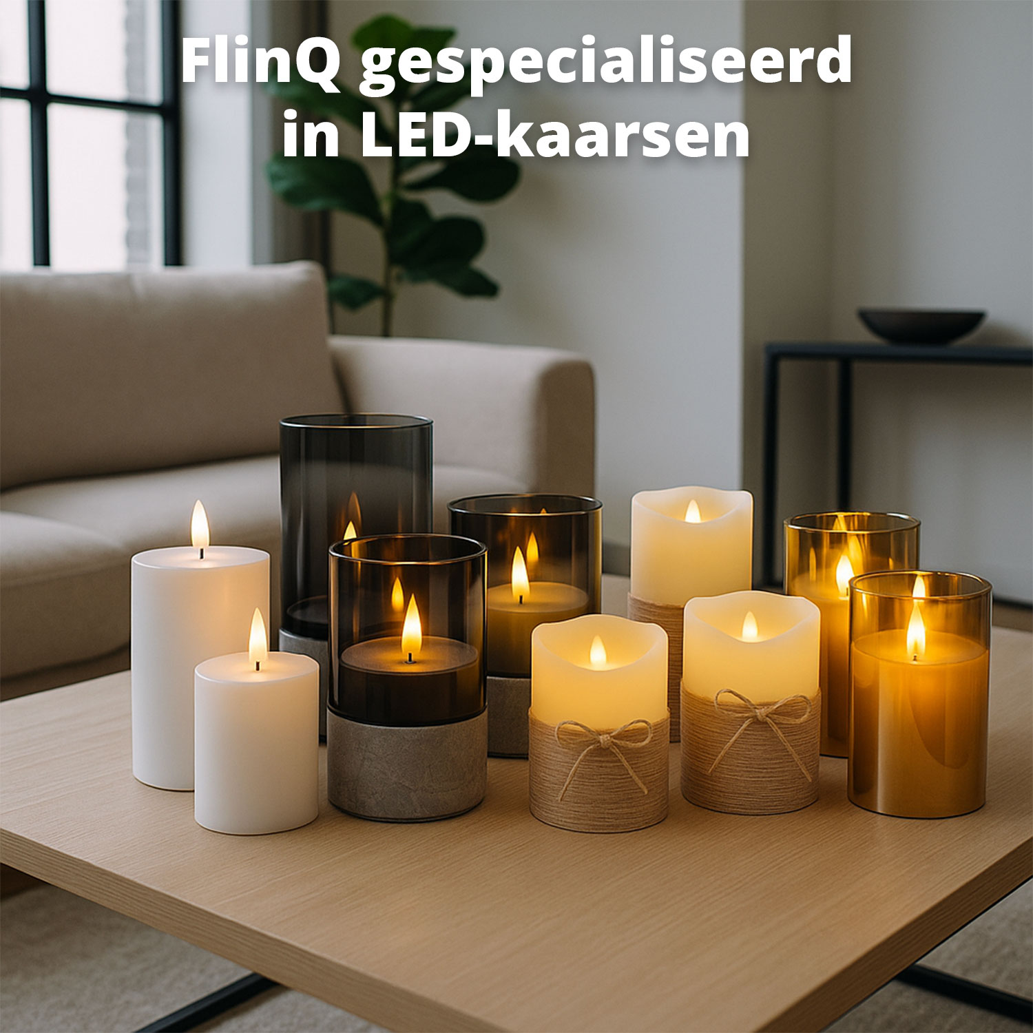 Ein Tisch zeigt LED-Kerzen in verschiedenen Größen und Designs. Im Hintergrund sind ein Sofa, eine Pflanze und ein dunkler Beistelltisch zu sehen.