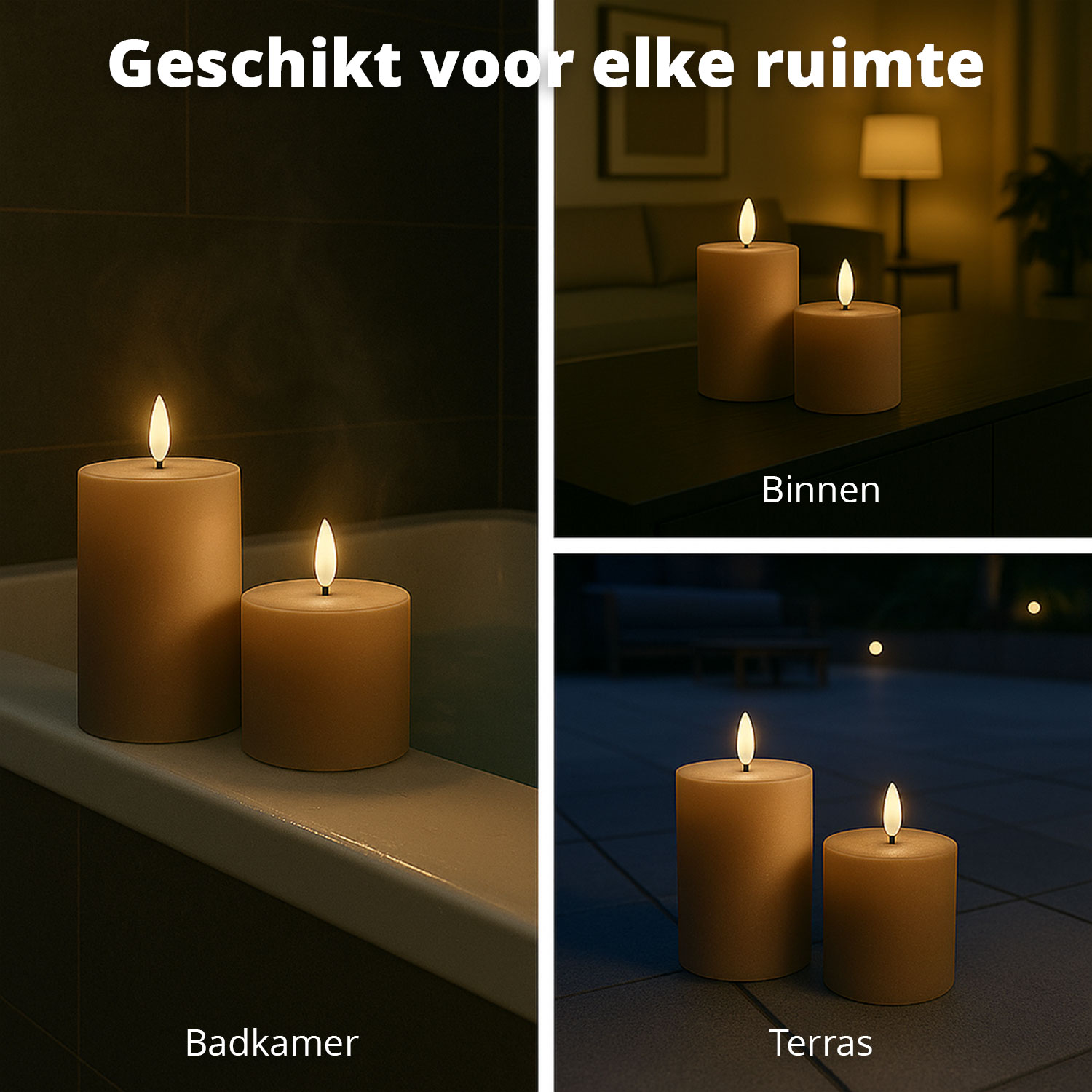 Das Bild zeigt vier Szenarien mit brennenden Kerzen: Badezimmer, drinnen, draußen und Terrasse. Jede Szene hat unterschiedliche Hintergründe.