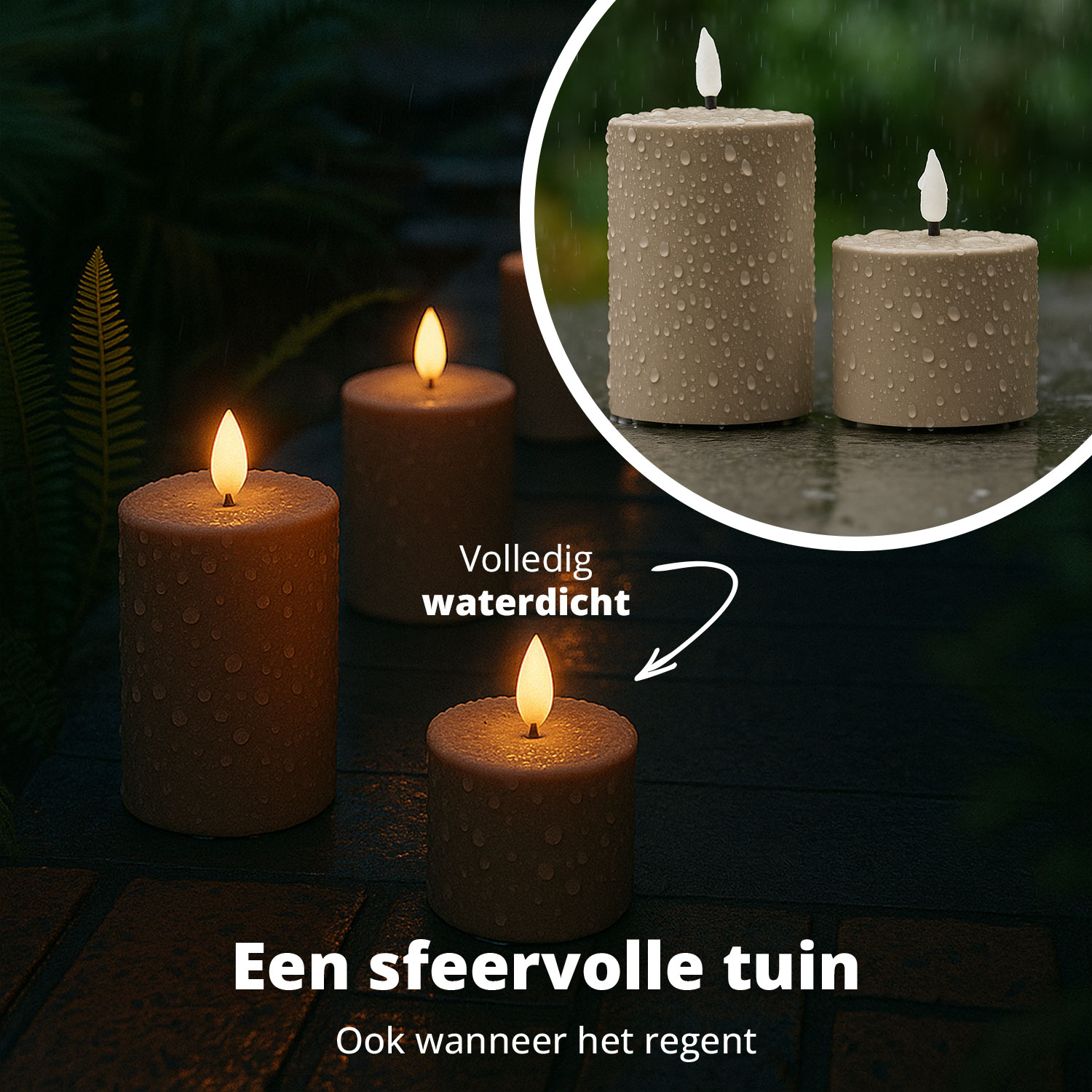 Kerzen in einem Garten. Das Hauptbild zeigt mehrere brennende Kerzen und den Text: Ein gemütlicher Garten, auch wenn es regnet. Die Szene ist im Freien.