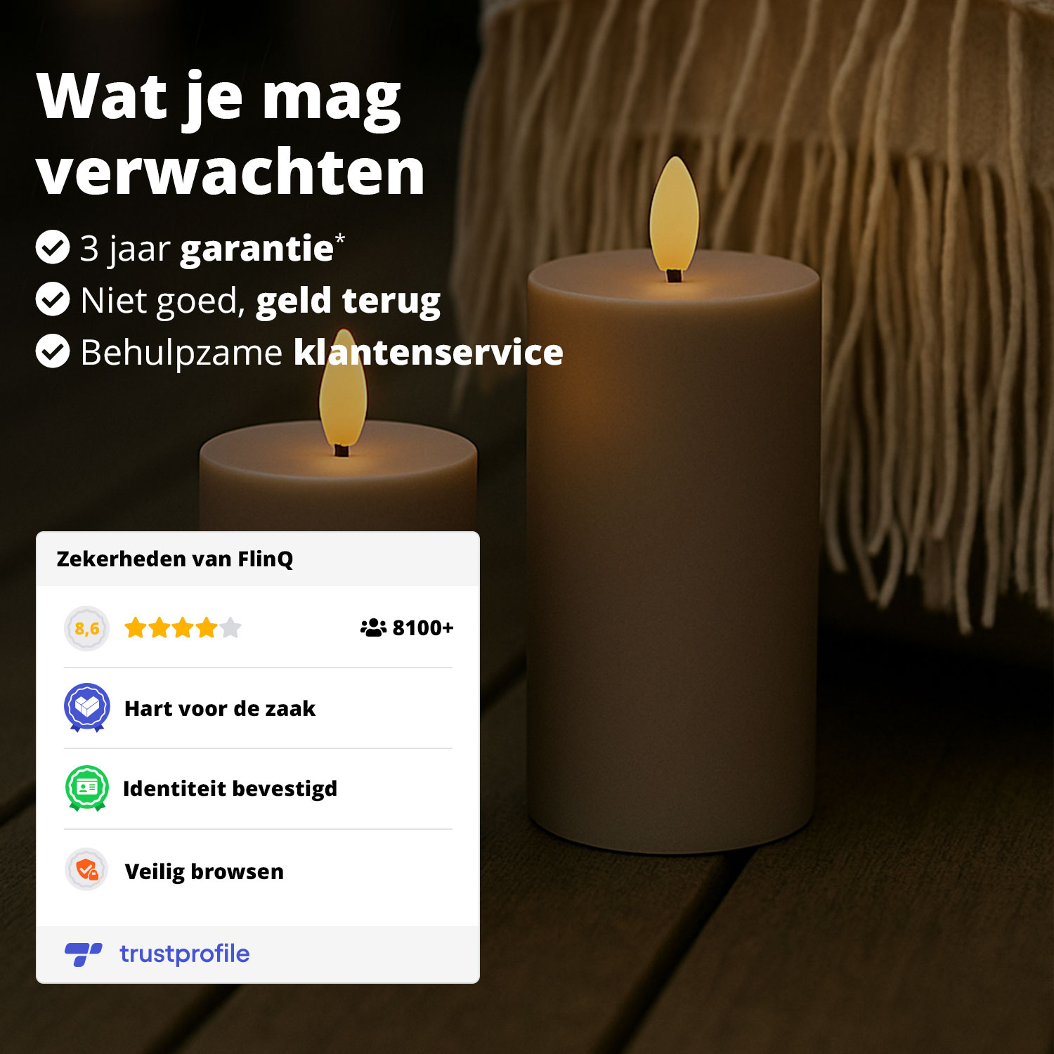 Zwei kerzenförmige Lichter. Text: 3 Jahre Garantie, Geld-zurück-Garantie, hilfreicher Kundenservice. Logos und ein Trustprofile-Abzeichen.