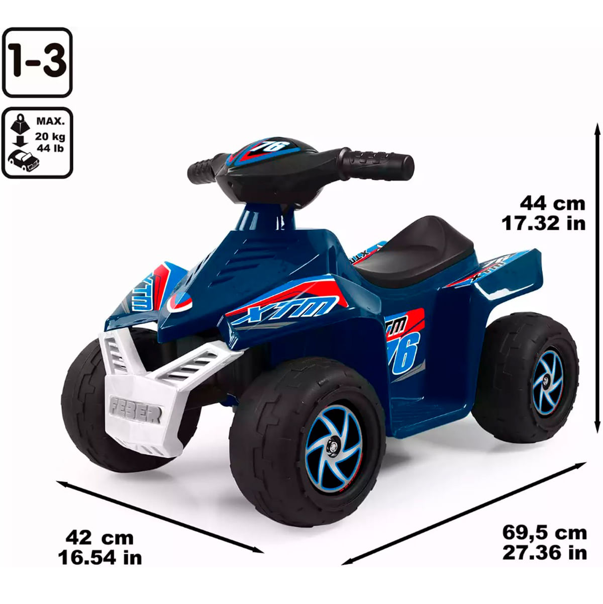 Un quad de juguete azul y rojo con ruedas negras y parte delantera blanca. Las dimensiones se muestran alrededor del quad.