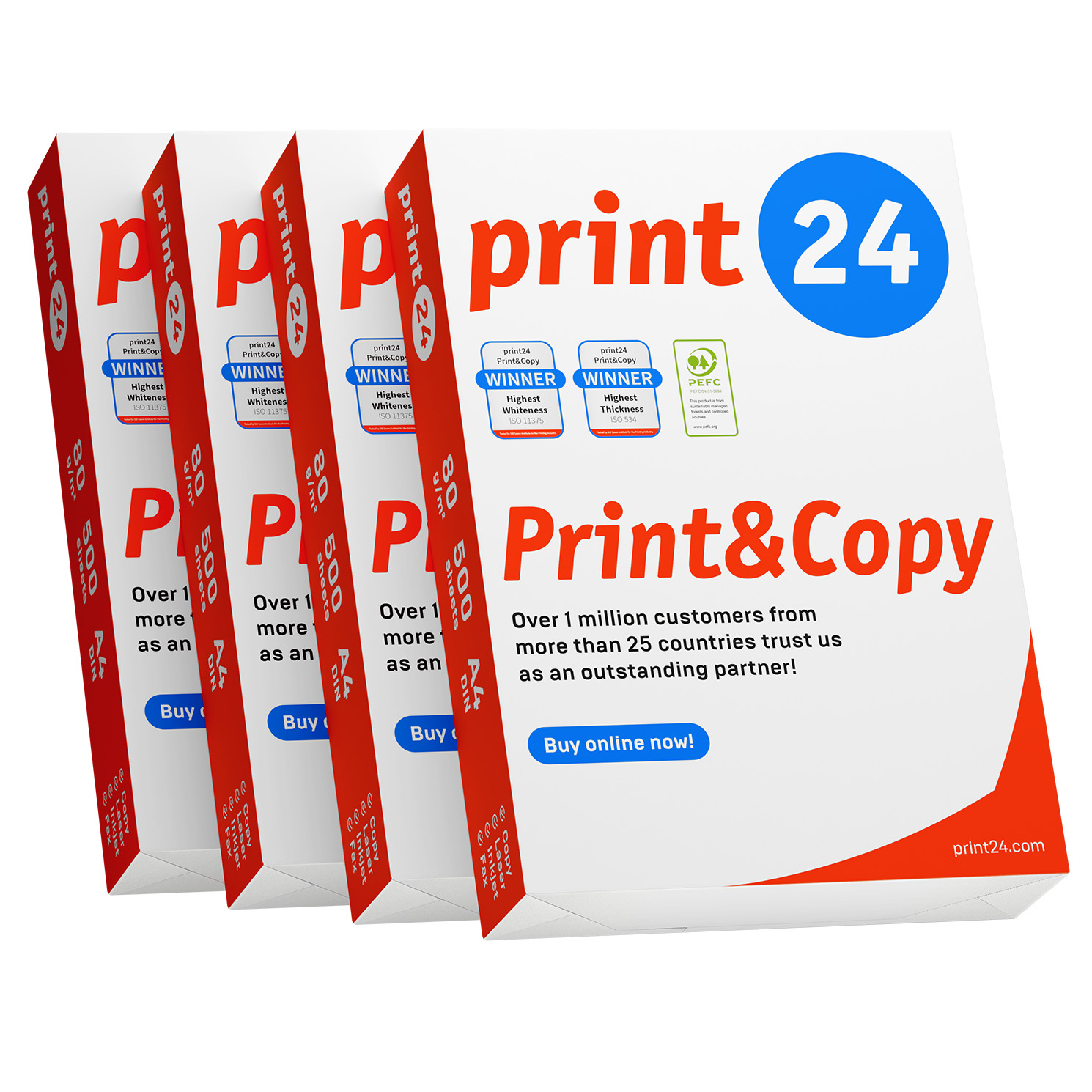 Pilas de paquetes de papel con el logotipo 'print 24'. Texto en los paquetes: Winner, 80 g/m2, 500 hojas. Fondo: logotipo 'Print&Copy'.
