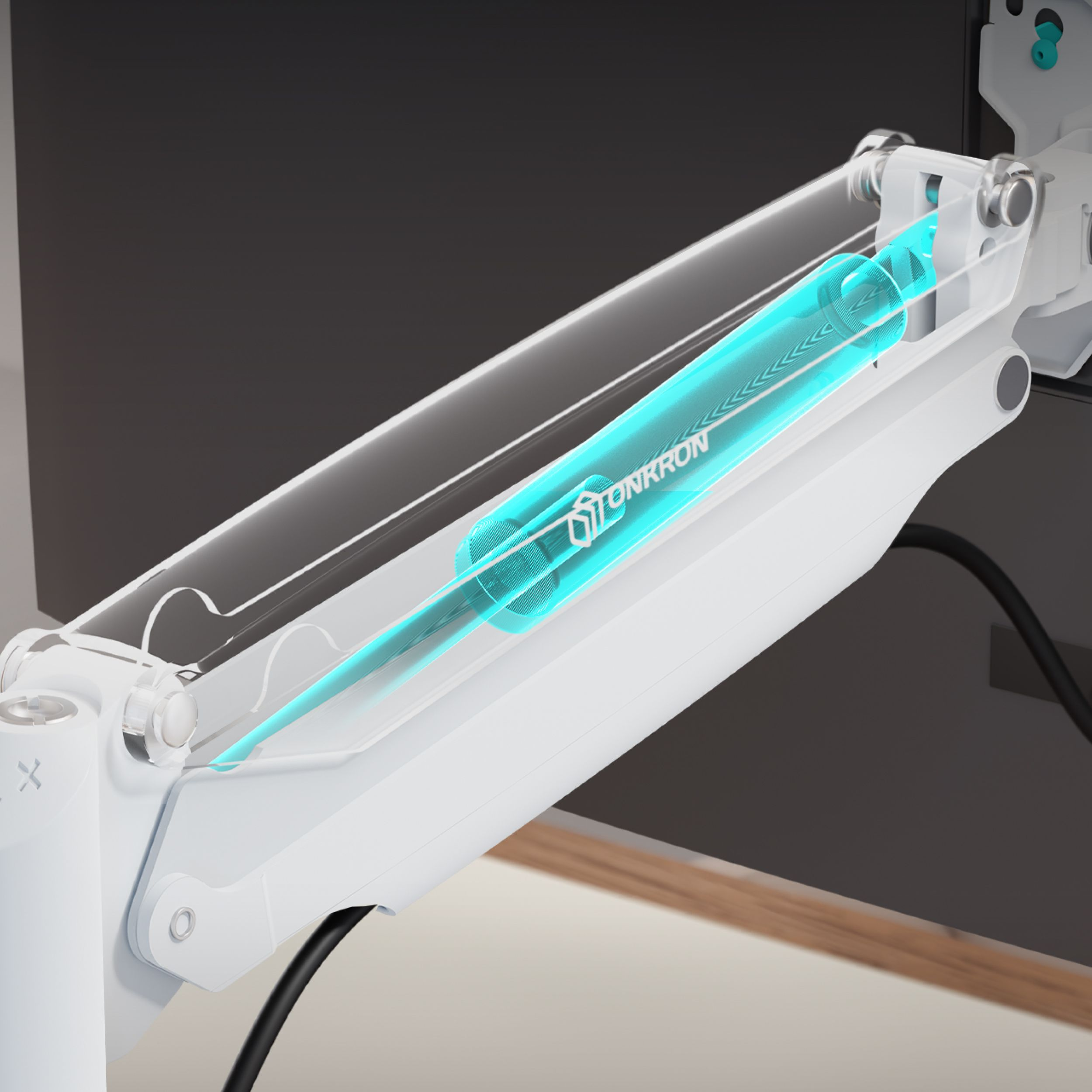 Białe ramię monitora z świecącym niebieskim fragmentem. Widoczne logo ONKRON.