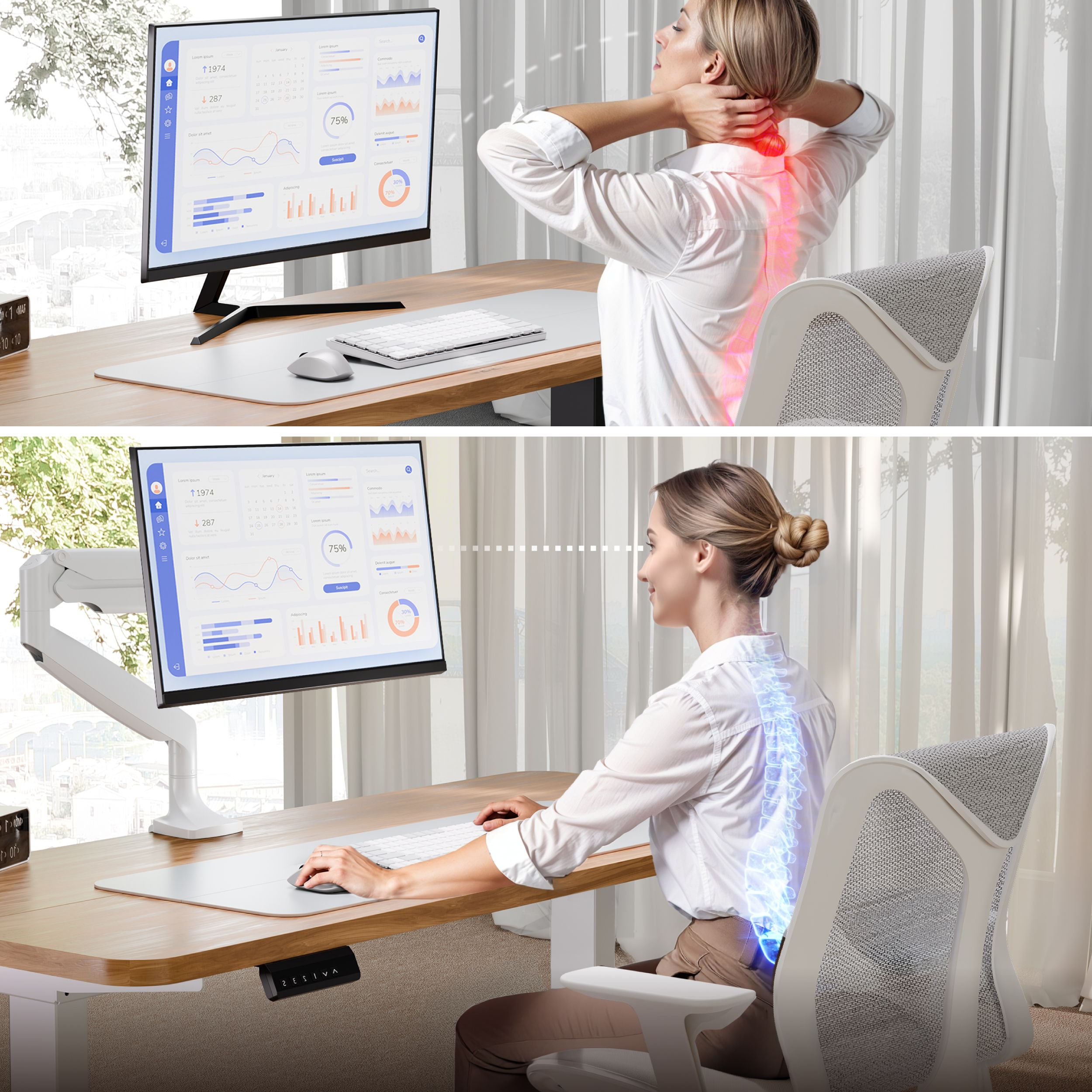 Kobieta przy biurku, jedna z bólem szyi, druga z dobrą postawą. Monitor z danymi, ergonomiczne krzesło.