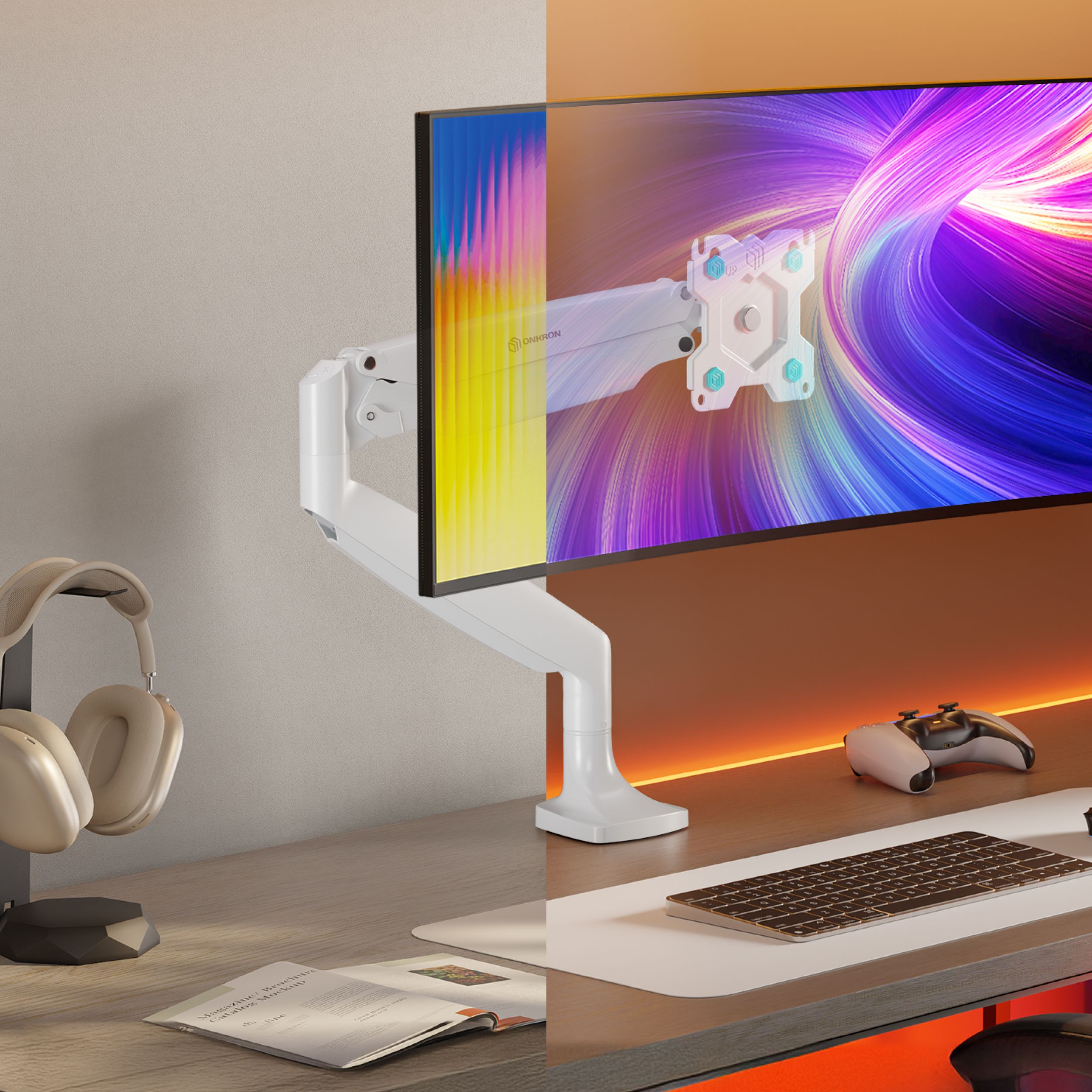 Konfiguracja biurka z monitorem, słuchawkami i klawiaturą. Monitor wyświetla kolorową grafikę.