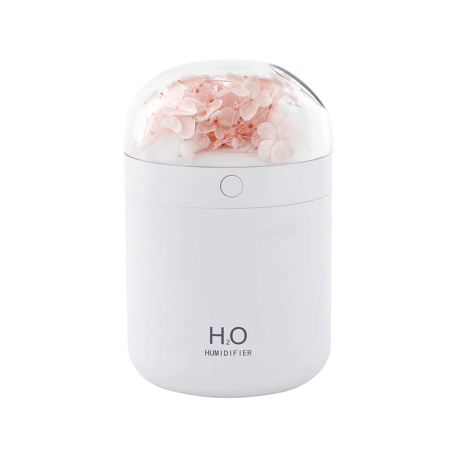 Ein weißer Luftbefeuchter mit rosa Blüten in einer durchsichtigen Kuppel. Auf dem Luftbefeuchter steht H2O HUMIDIFIER.