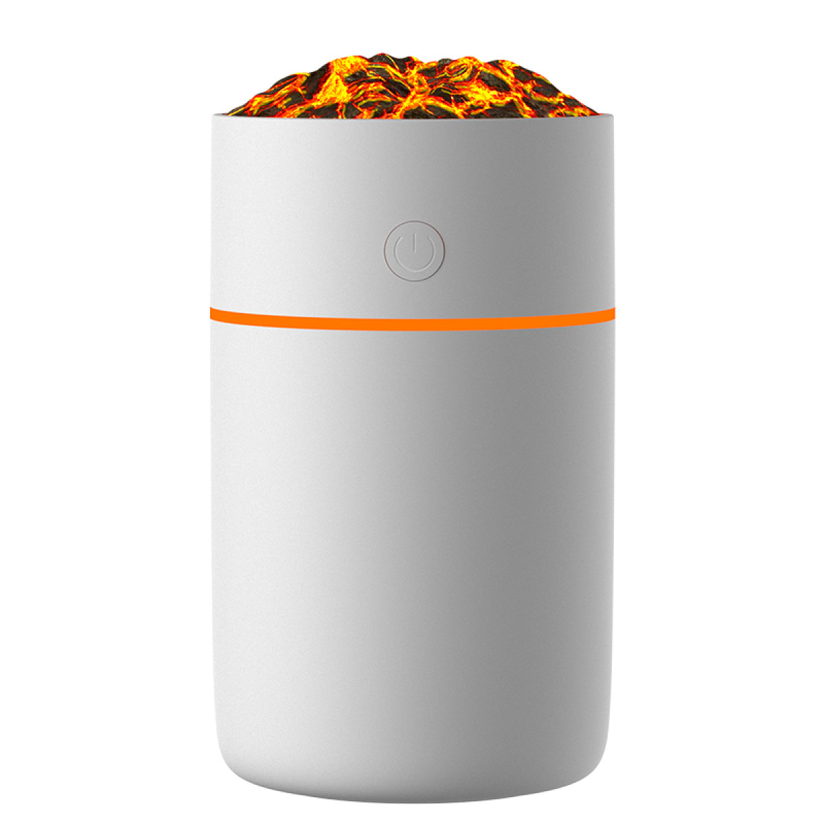 Een witte cilindrische luchtbevochtiger met een oranje streep en een aan/uit-knop. De bovenkant heeft een vlameffect.