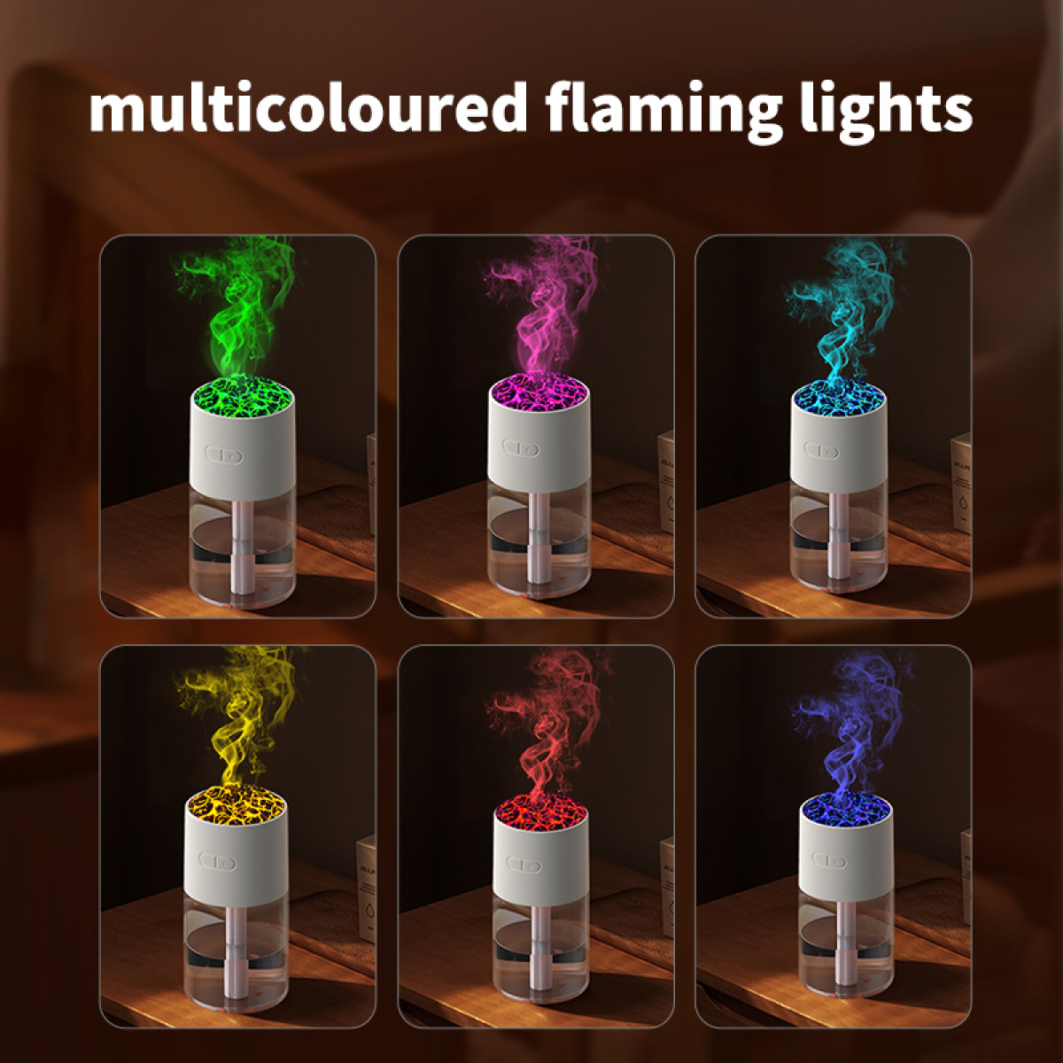 Sechs Luftbefeuchter mit verschiedenfarbigen Flammeneffekten: grün, rosa, blau, gelb, rot und lila. Sie stehen auf einer Holzoberfläche.