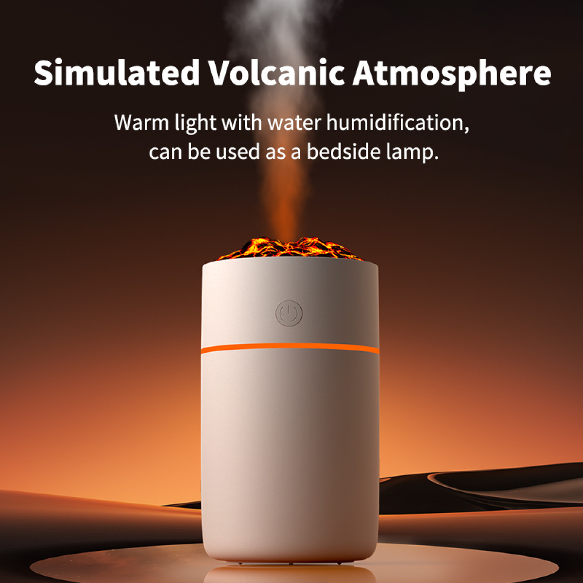 Een witte luchtbevochtiger met oranje licht. Het simuleert een vulkanische atmosfeer met stoom en warm licht.