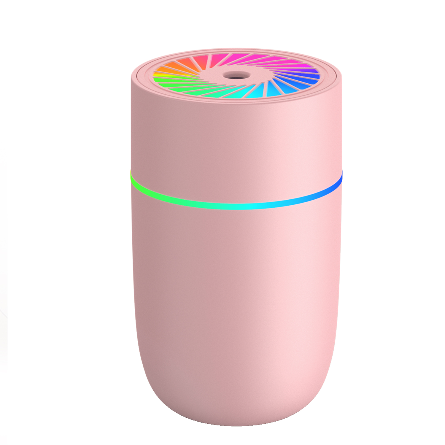 Ein rosa Luftbefeuchter mit einem regenbogenfarbenen Deckel und einem leuchtenden Band. Es hat eine runde, zylindrische Form.
