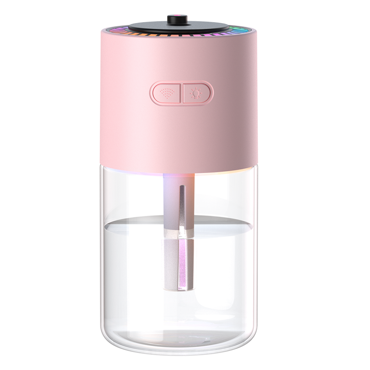 Een roze en doorzichtige luchtbevochtiger. Het heeft twee knoppen en een kleurrijk licht aan de bovenkant. De onderste helft is een watercontainer.