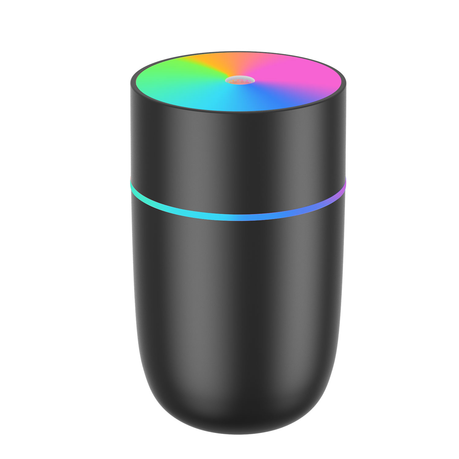Ein schwarzer zylindrischer Luftbefeuchter mit farbwechselndem Deckel und blau-violettem Streifen. Die Oberseite ist ein Regenbogen.