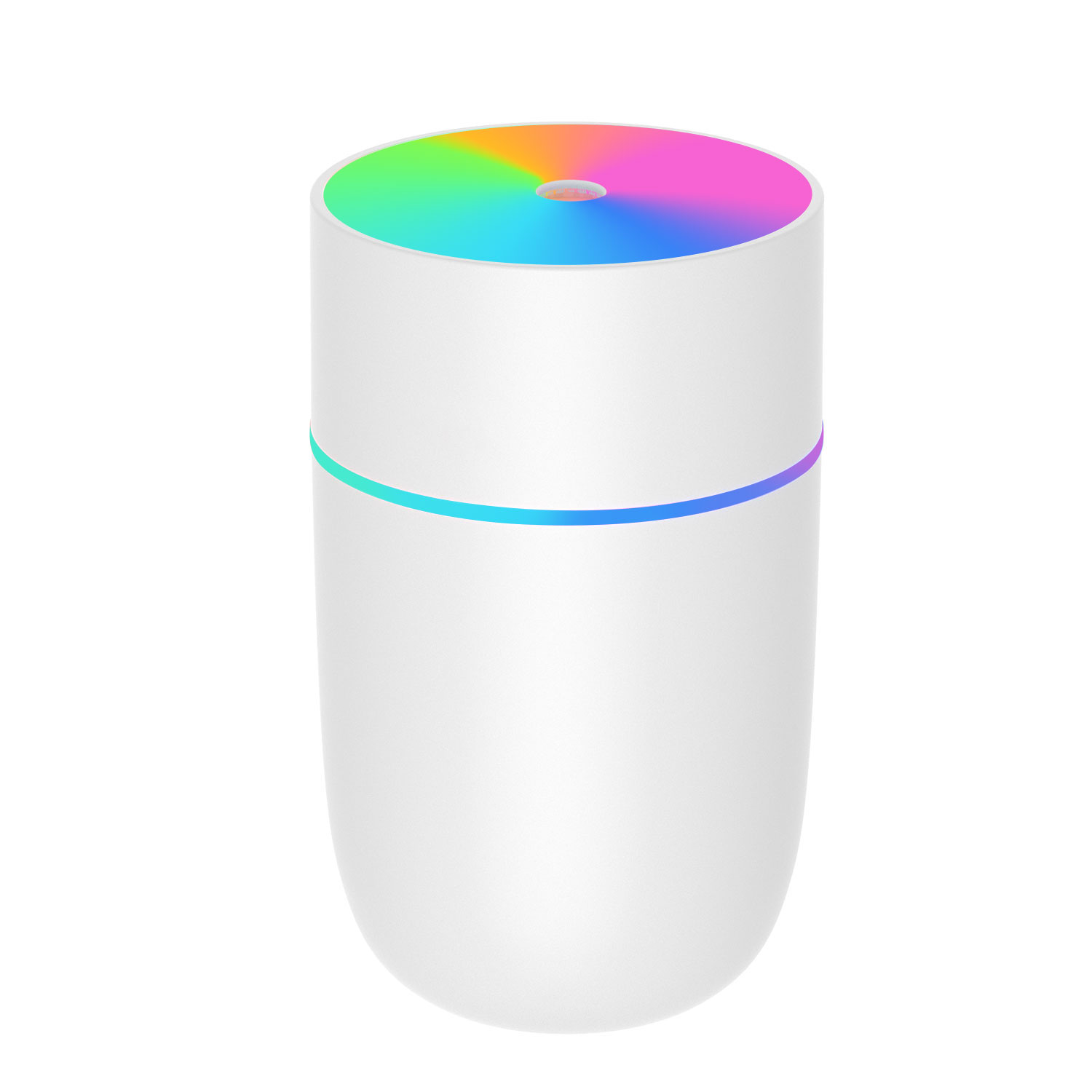 Ein weißer Luftbefeuchter mit Farbverlauf oben und einer blauen Linie. Die Oberseite hat Regenbogenfarben. Der Körper ist weiß.