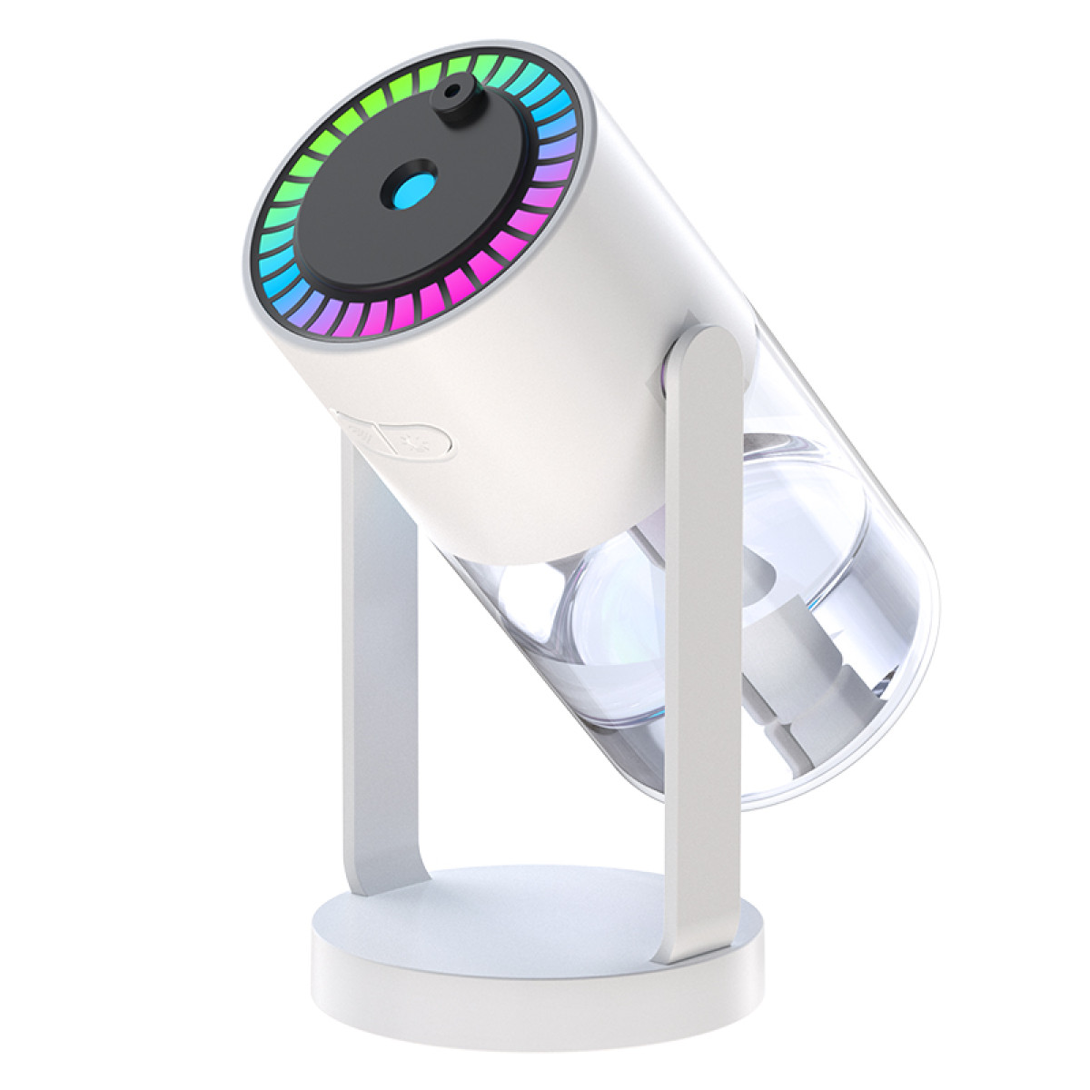 Ein weißer Luftbefeuchter mit transparentem Wassertank. Er hat einen bunten LED-Ring und steht auf einem weißen Sockel.