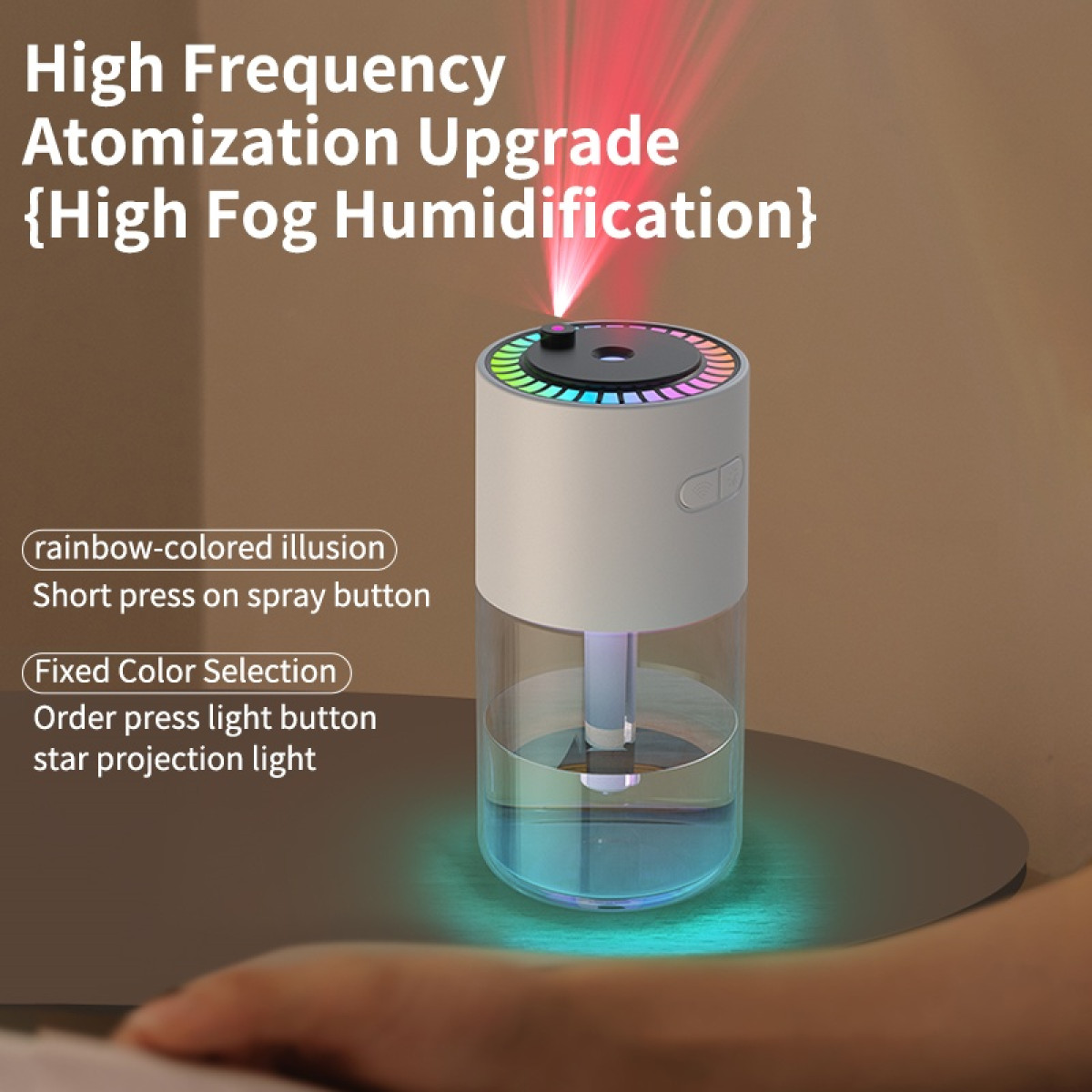 Een witte luchtbevochtiger met regenbooglichten, die een rode straal uitzendt. De tekst bevat 'High Frequency Atomization Upgrade'.