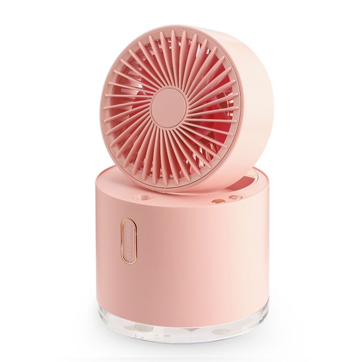 Un ventilador humidificador rosa. El ventilador tiene una cabeza y una base circulares. La cabeza del ventilador tiene aspas. La base es cilíndrica con fondo transparente.