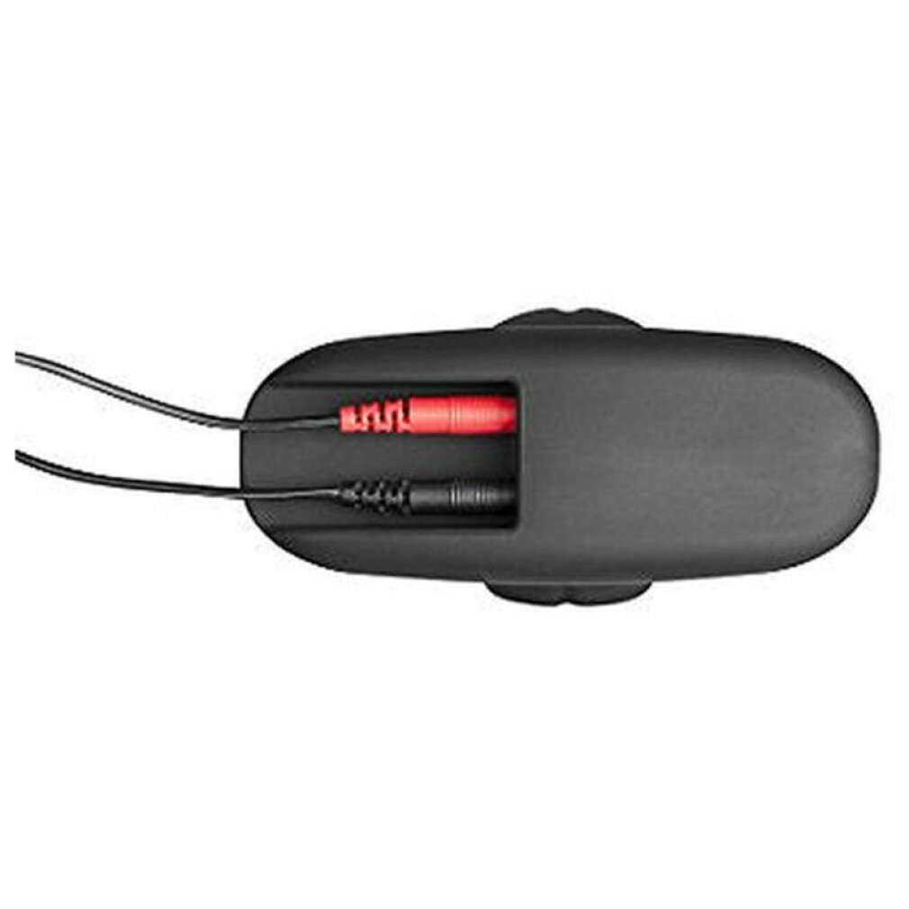 Un dispositivo negro con dos puertos, uno rojo y otro negro, cada uno con un cable que se extiende hacia la izquierda. El dispositivo tiene forma ovalada.