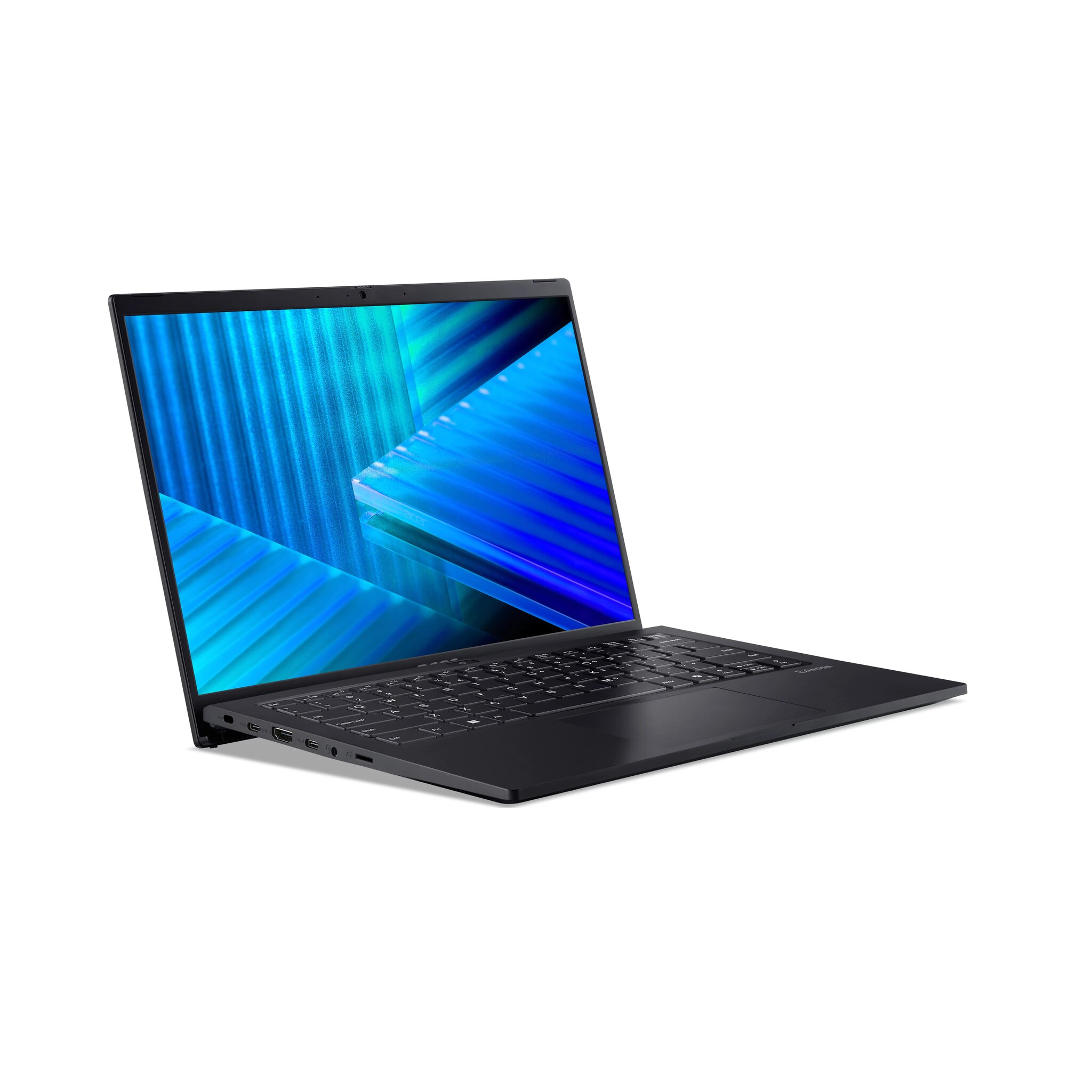 Laptop nero con schermo blu, angolato su sfondo bianco. Tastiera visibile. Schermo mostra un design astratto blu e turchese.